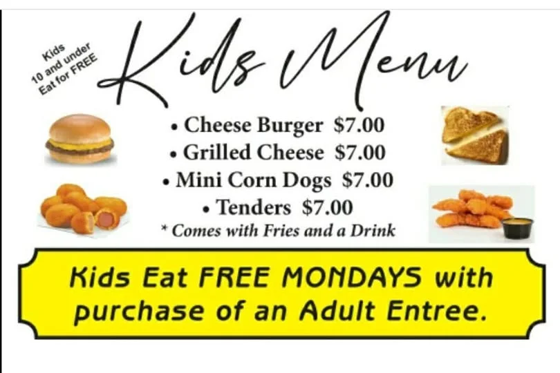 Kids menu featuring classic American dishes