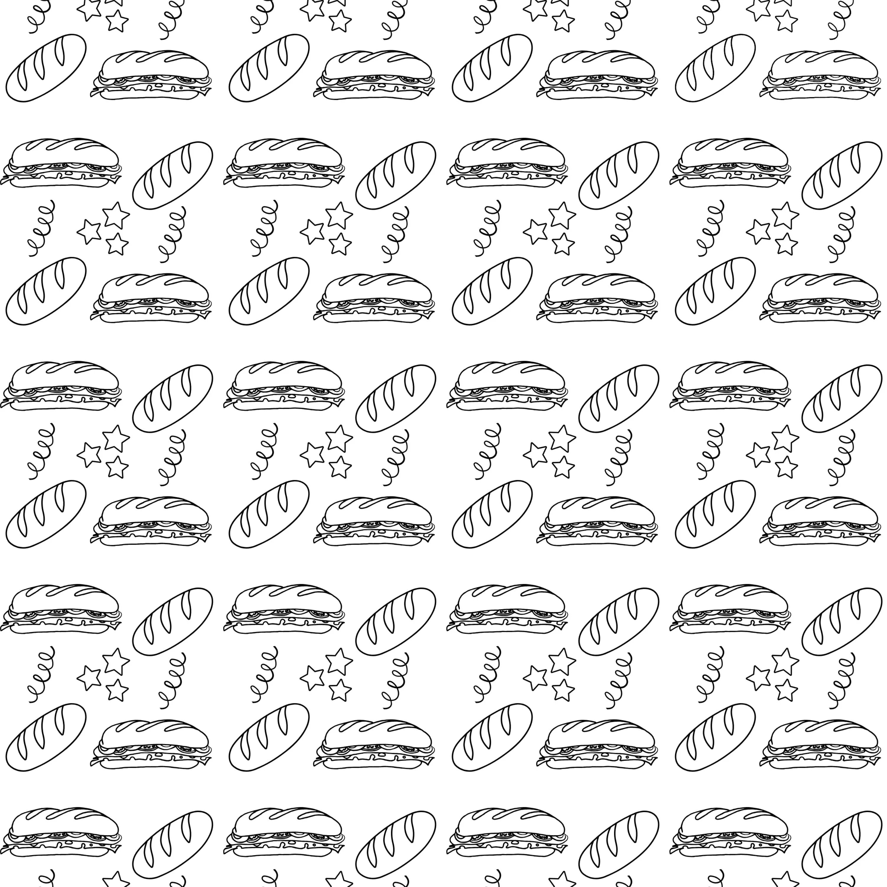 Pattern of sandwiches and bread rolls in a playful design
