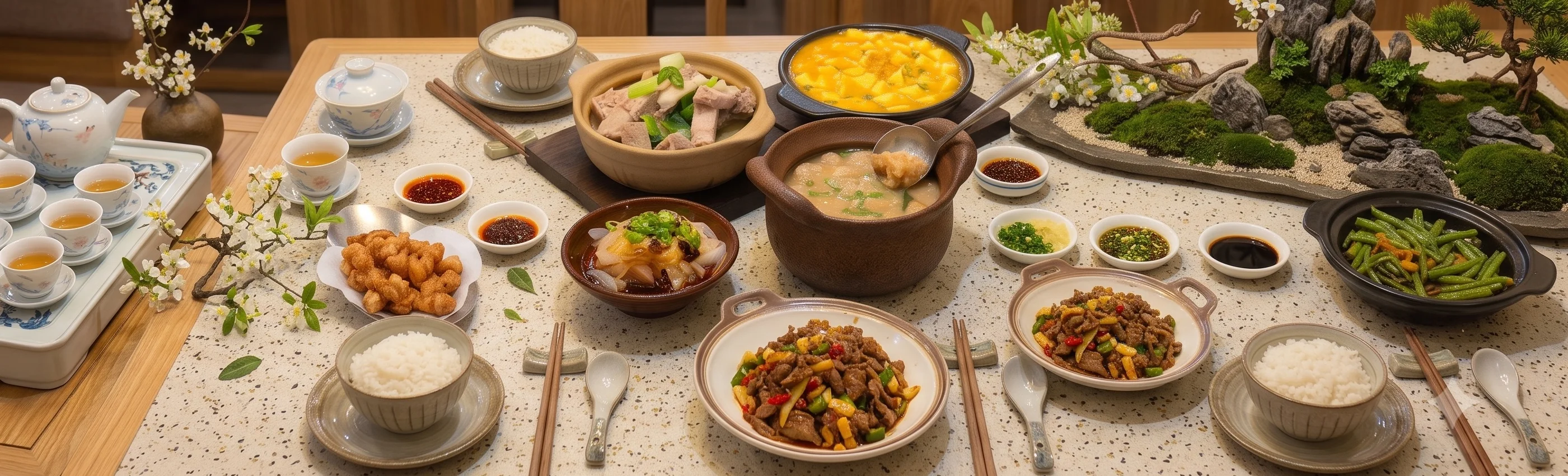 Chinese banquet spread featuring various traditional dishes