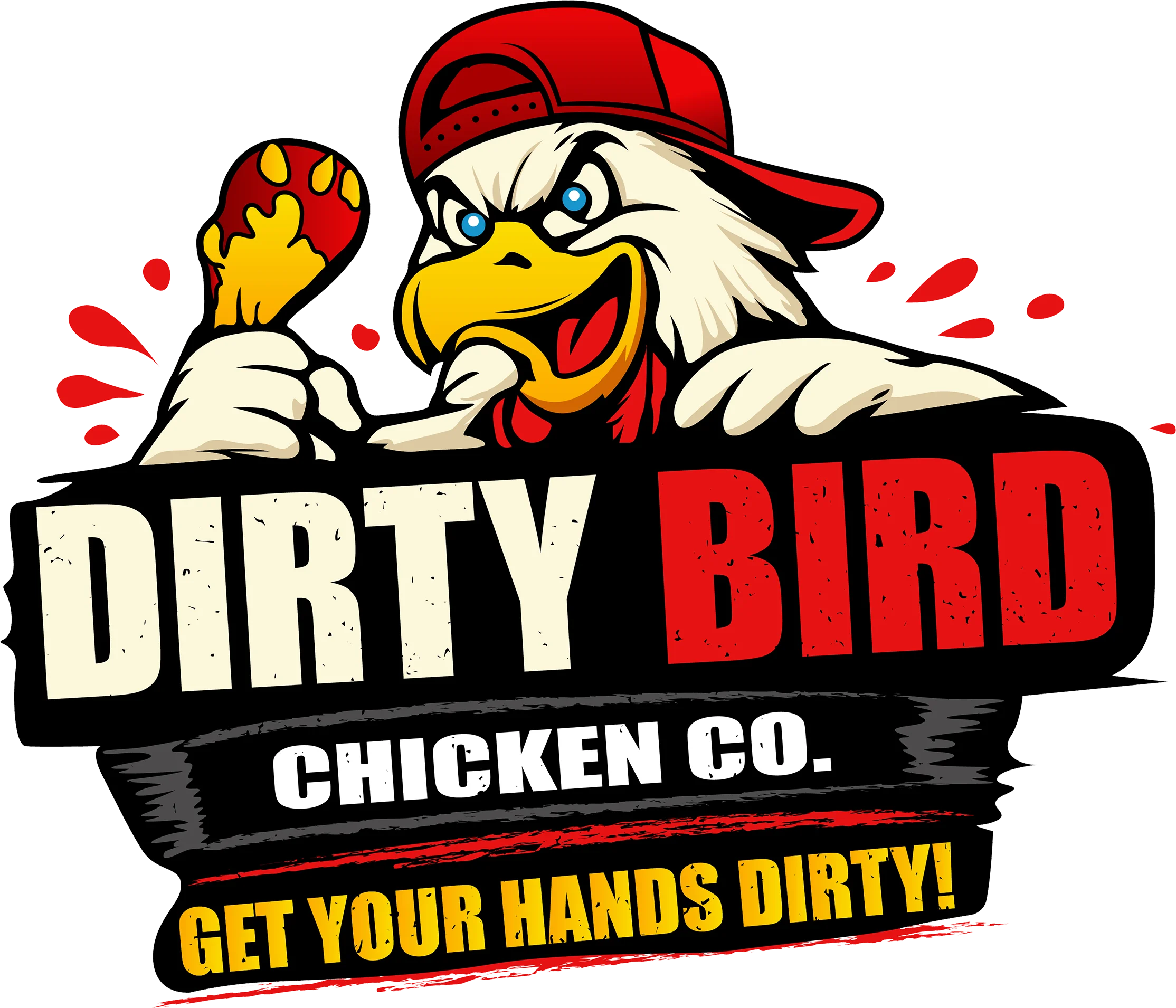 A colorful logo featuring a cartoon-style chicken character holding a chicken leg, wearing a red cap and striking a playful pose. The text promotes a chicken restaurant with a catchy tagline.