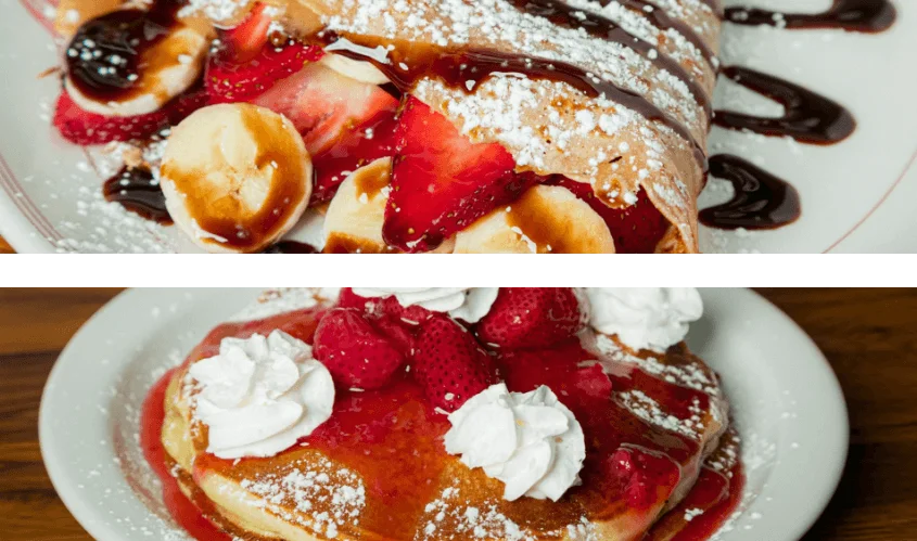 Delicious strawberry and banana crepes with chocolate drizzle