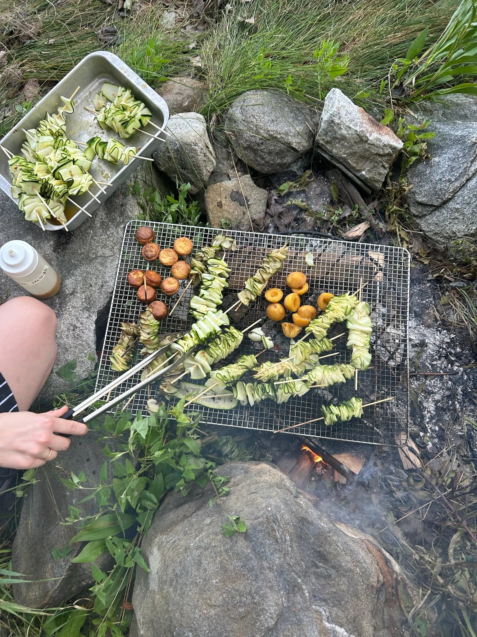 Grilled vegetable skewers over an open fire