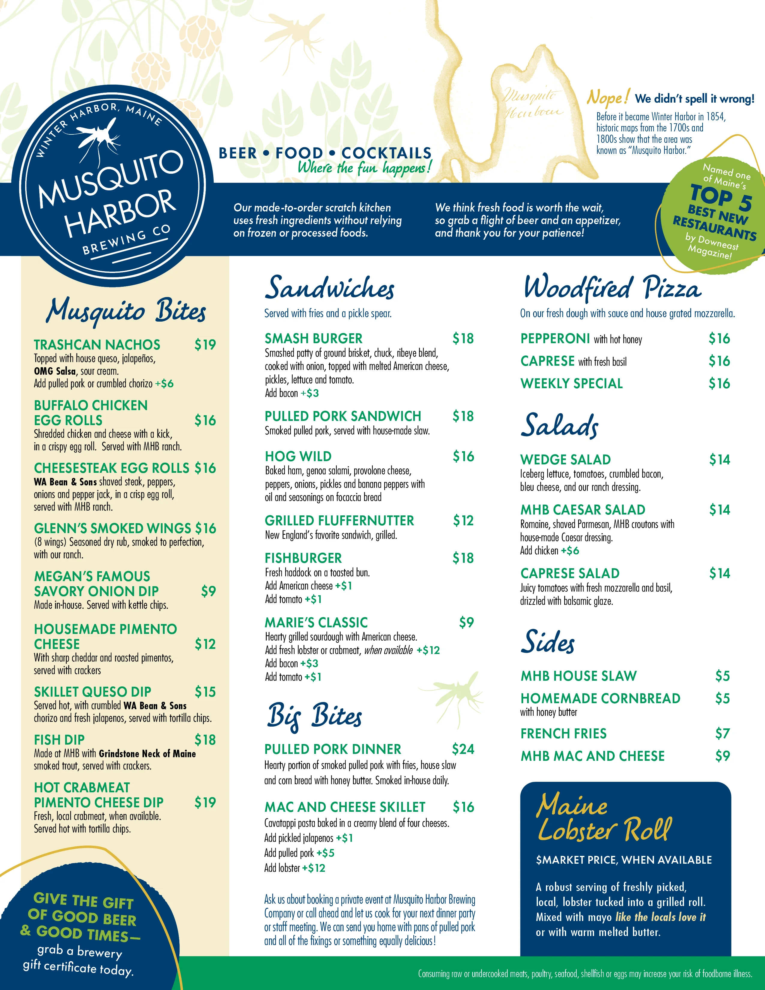 Menu from Musquito Harbor Brewing Co. featuring food and drink options.