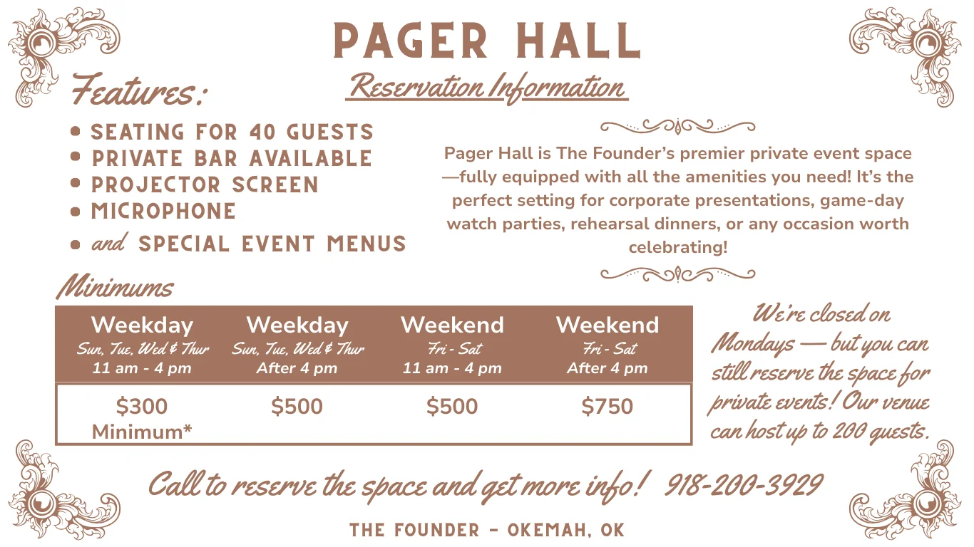 Elegant event space reservation information for Pager Hall