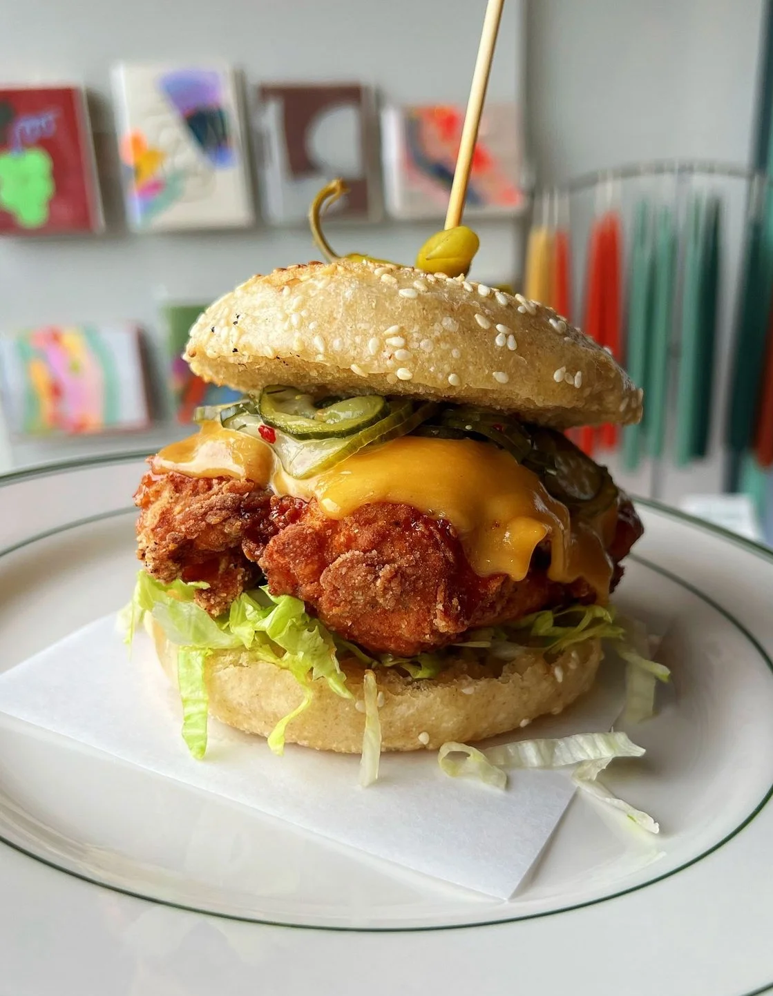 Crispy fried chicken sandwich with cheese and pickles