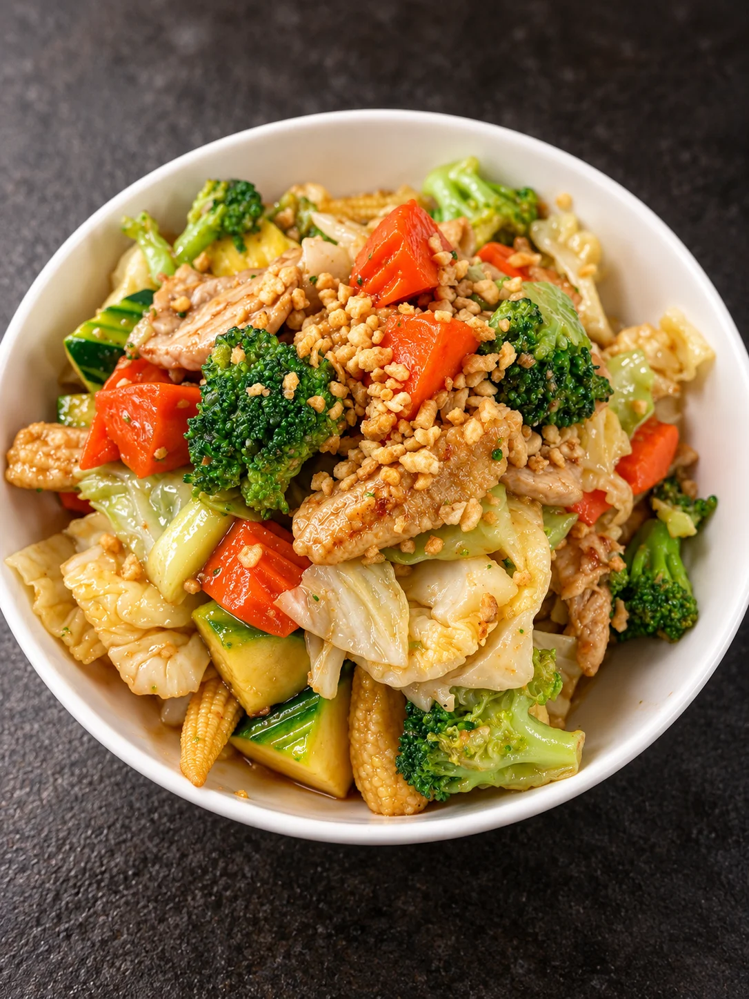 Chinese chicken stir-fry with mixed vegetables and crispy topping