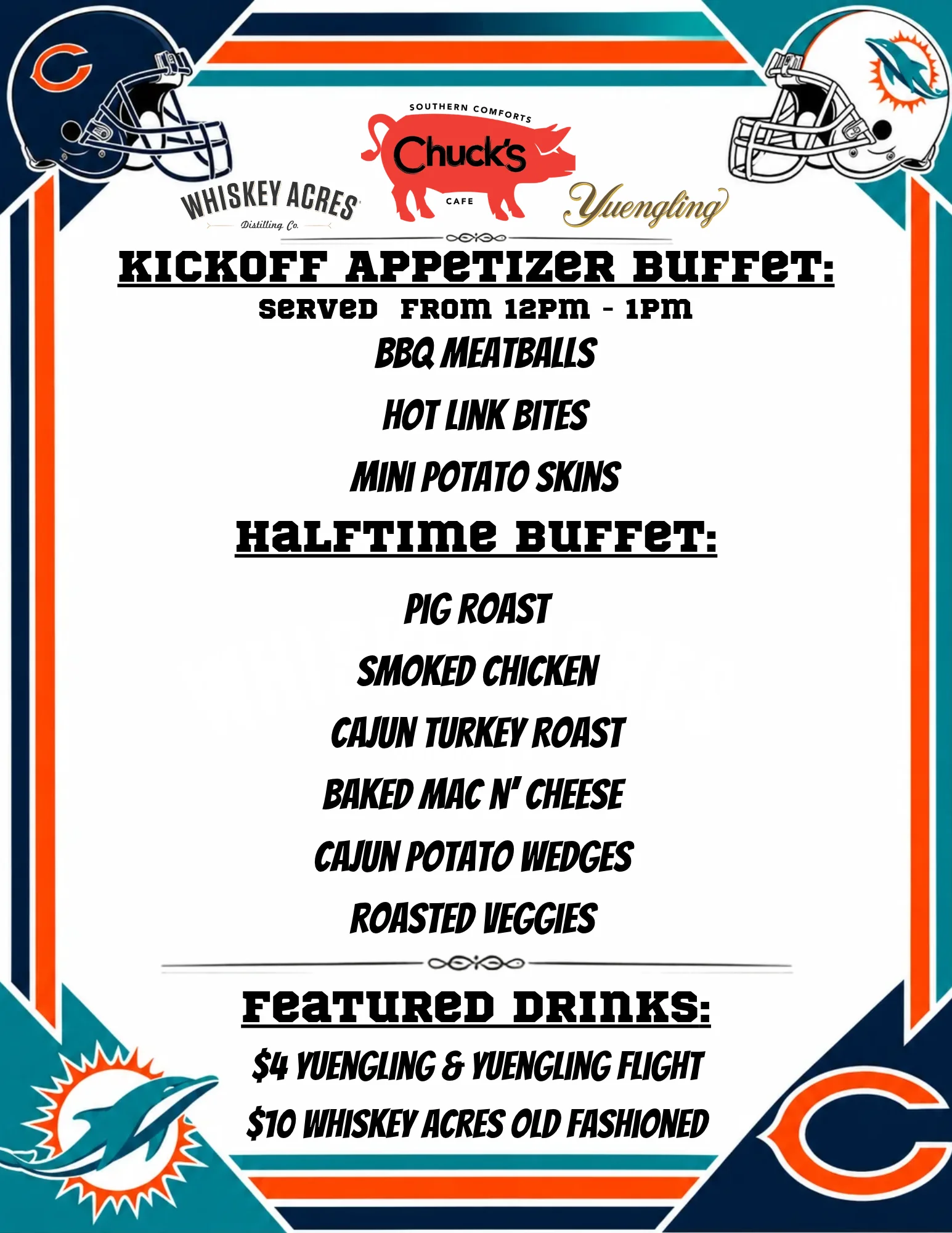 Restaurant event flyer featuring a kickoff appetizer and halftime buffet menu