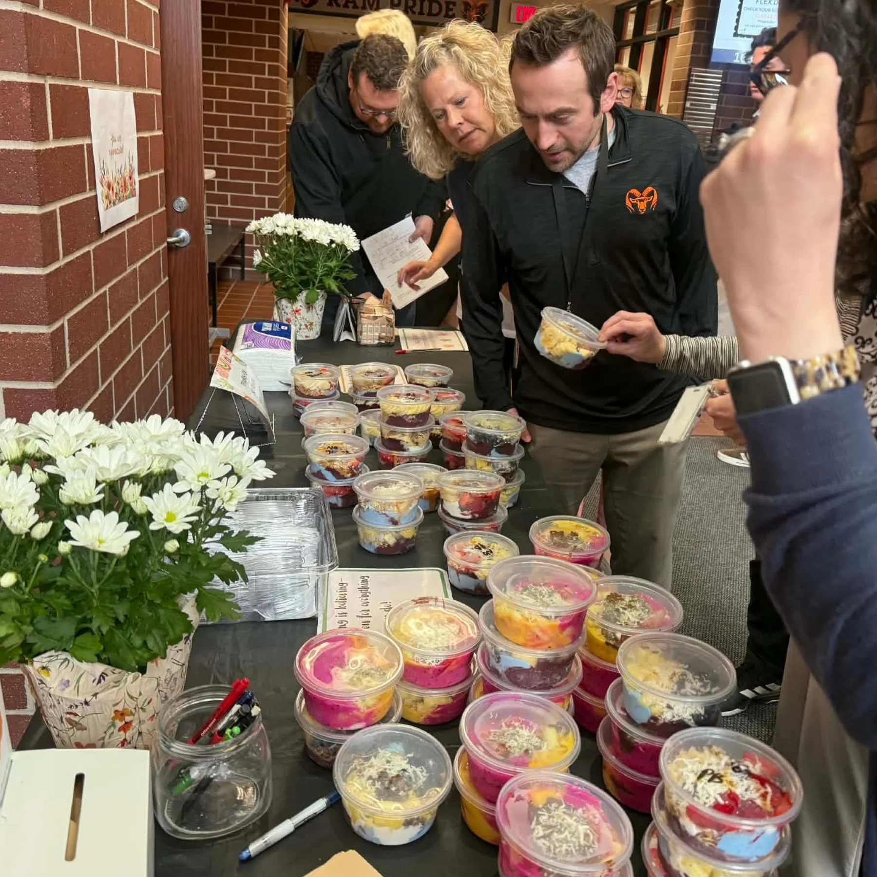 Colorful dessert cups at a community event