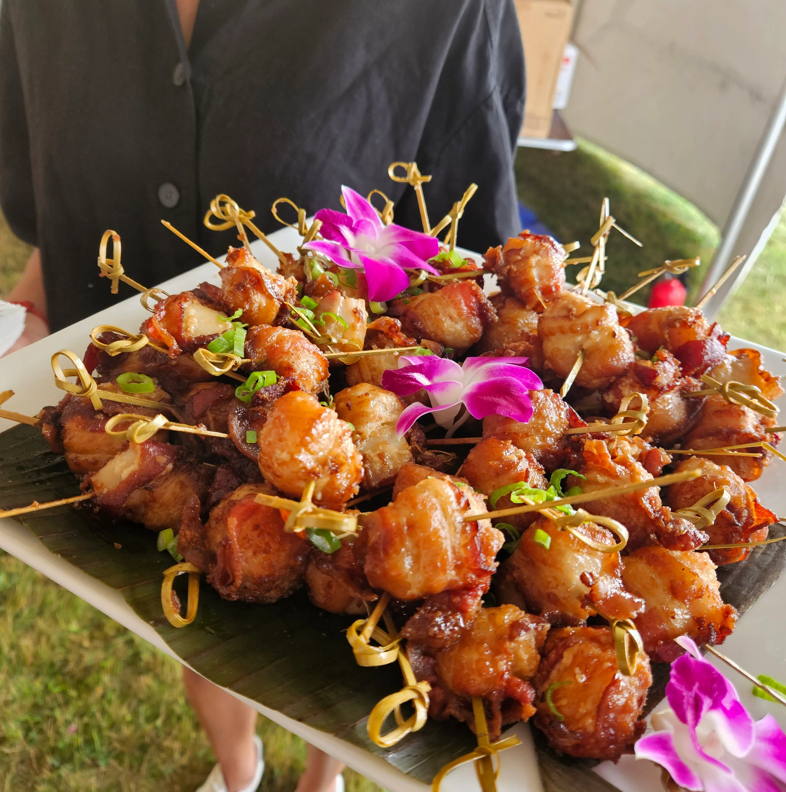 Crispy Korean-style fried chicken skewers with flowers
