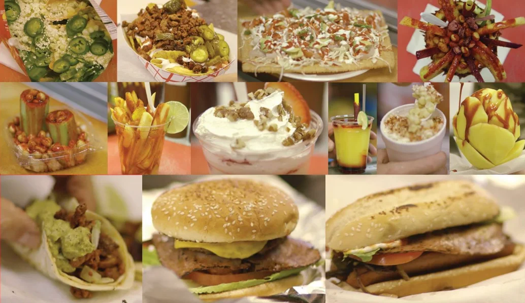 Variety of Mexican street food including tacos and nachos