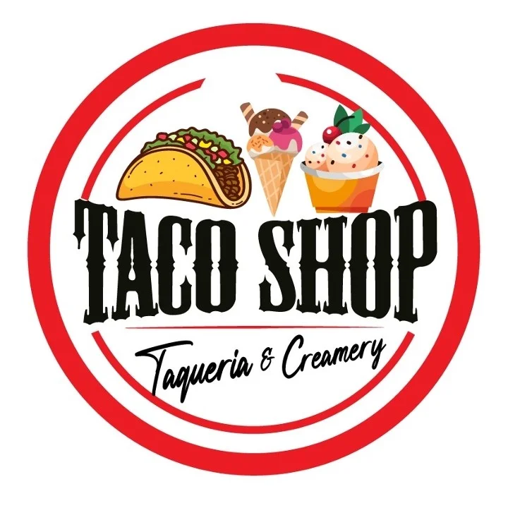 A logo for a taco shop featuring a taco, ice cream cone, and a bowl of ice cream. The design has a red and white circular background.