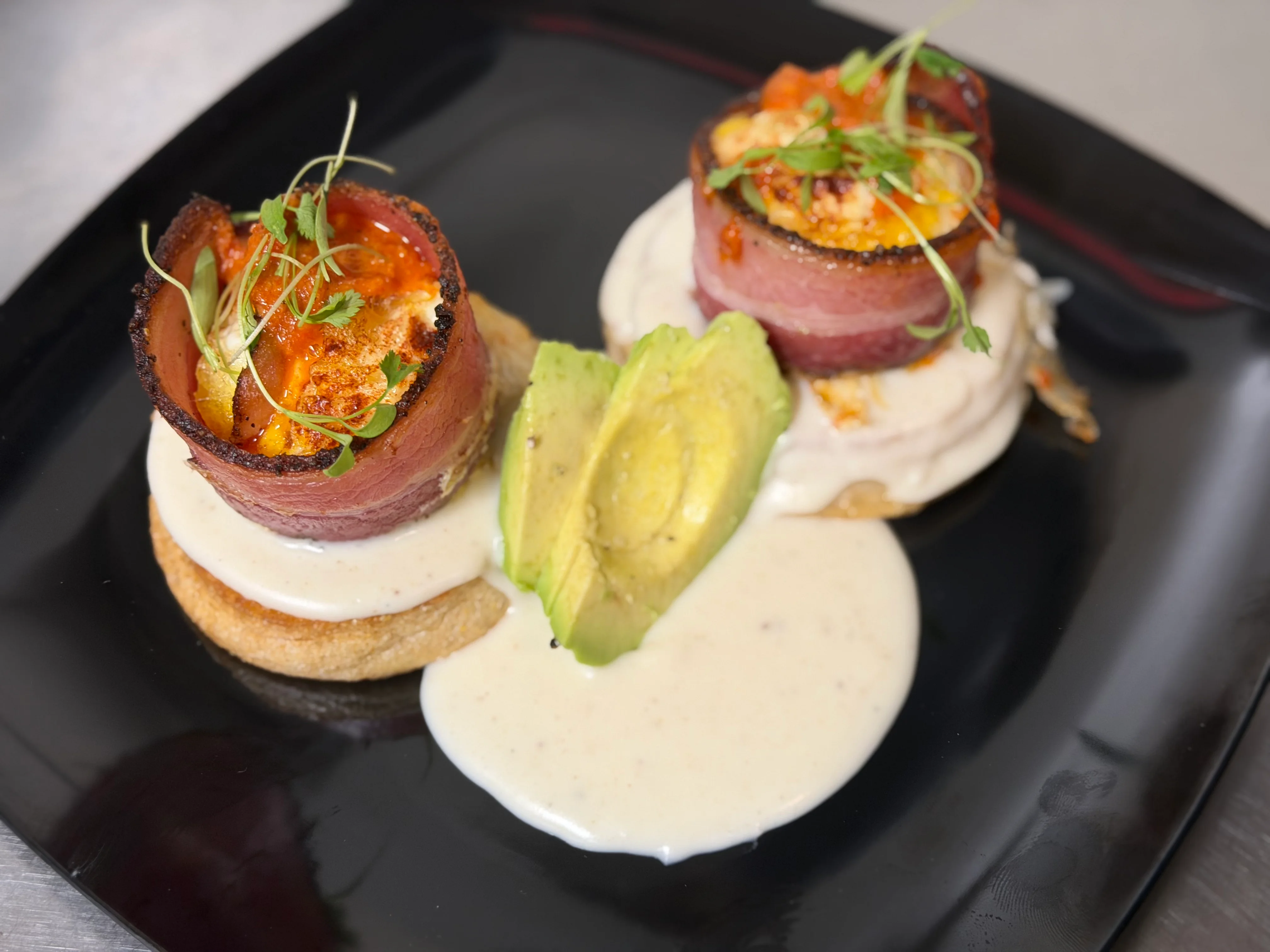 Bacon-wrapped huevos rancheros with avocado