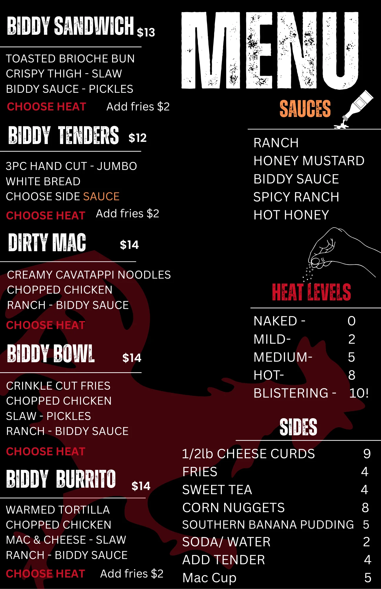 Illustrative fast food menu featuring various food items and prices.