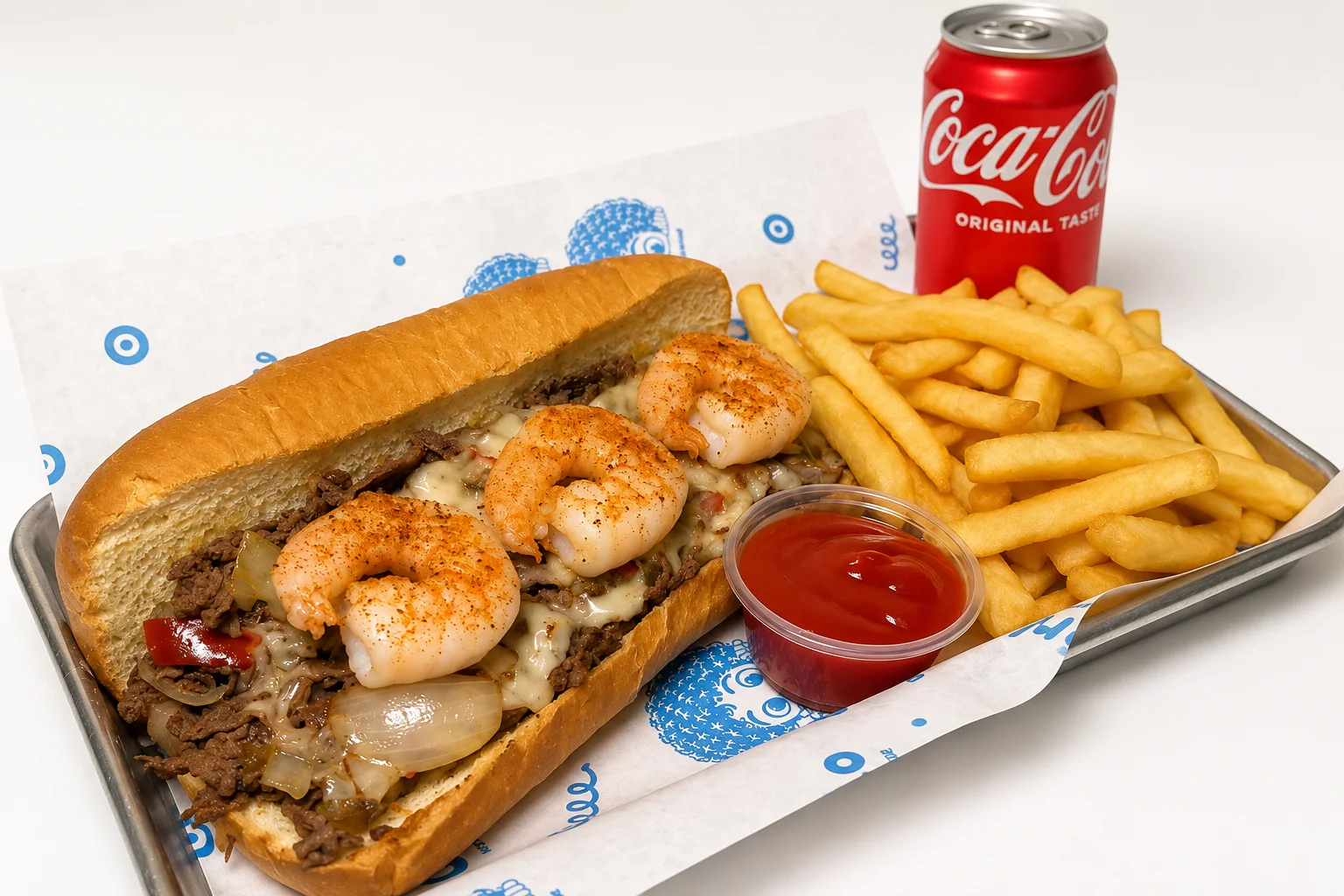 Shrimp cheesesteak sandwich with fries and soda
