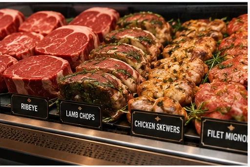 A display of assorted meats including ribeye steaks, lamb chops, chicken skewers, and filet mignon. Each type is labeled for easy identification.