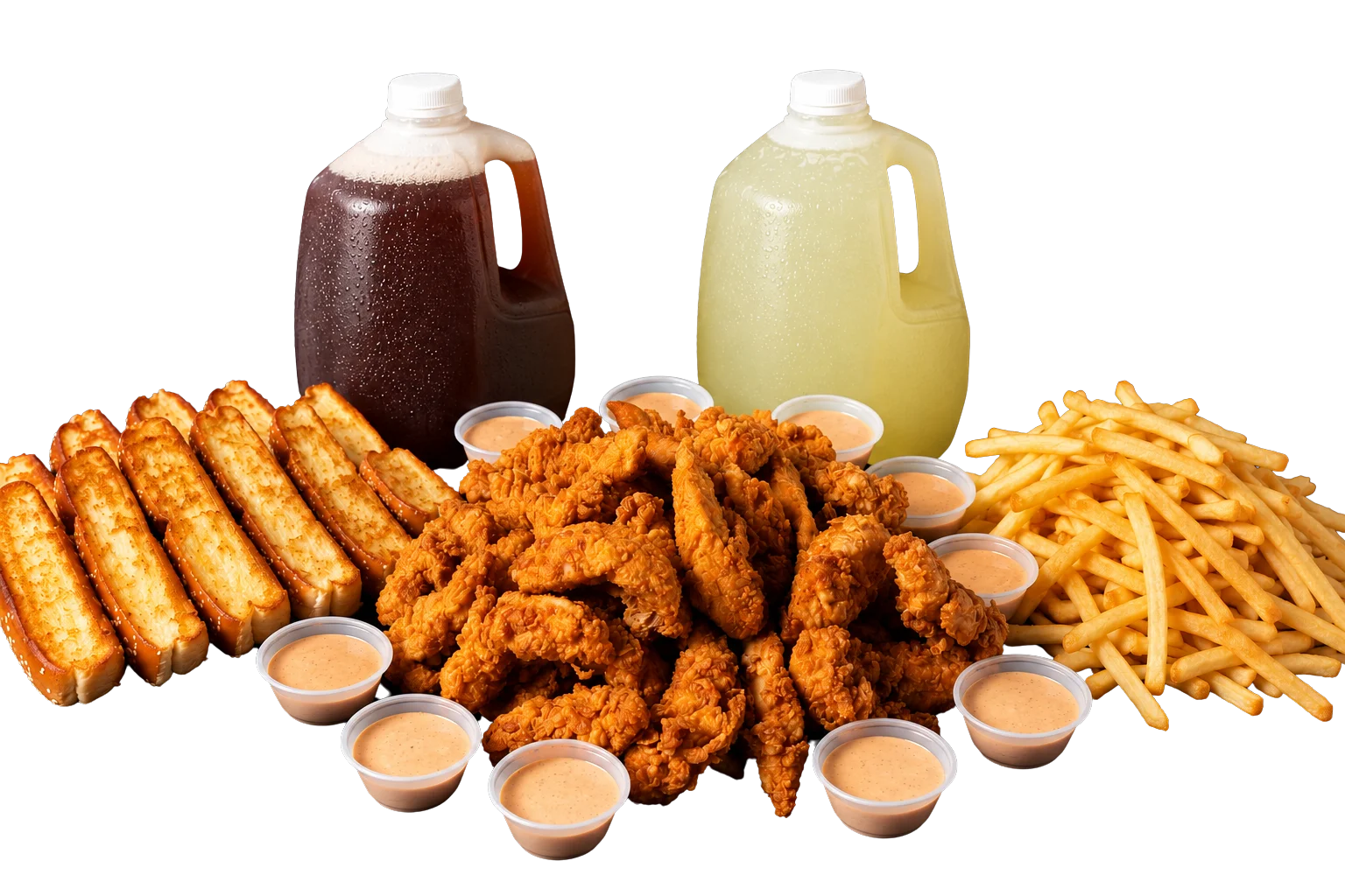 Southern fried chicken platter with sides and drinks