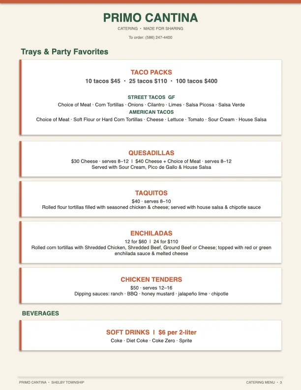 Primo Cantina catering menu featuring taco packs, quesadillas, taquitos, and enchiladas