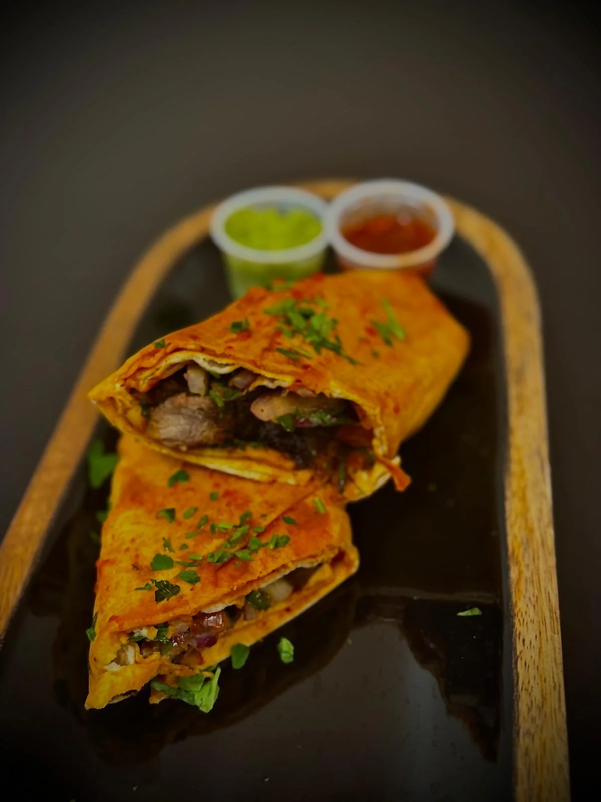 Delicious Indian kebab roll with chutneys