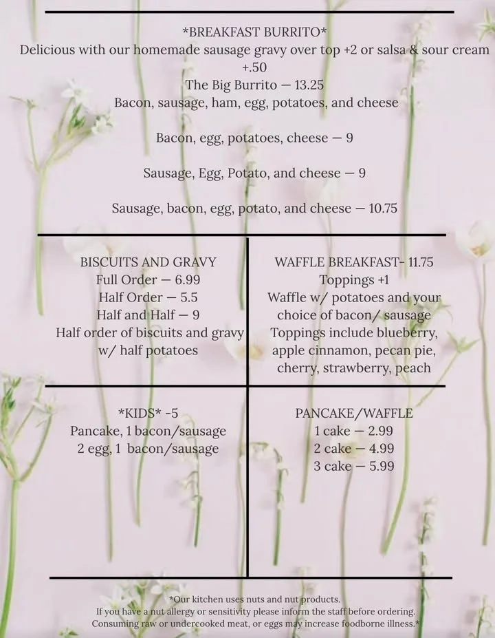 A menu showcasing various breakfast items, including burritos, biscuits and gravy, and waffles, displayed with description and pricing details.