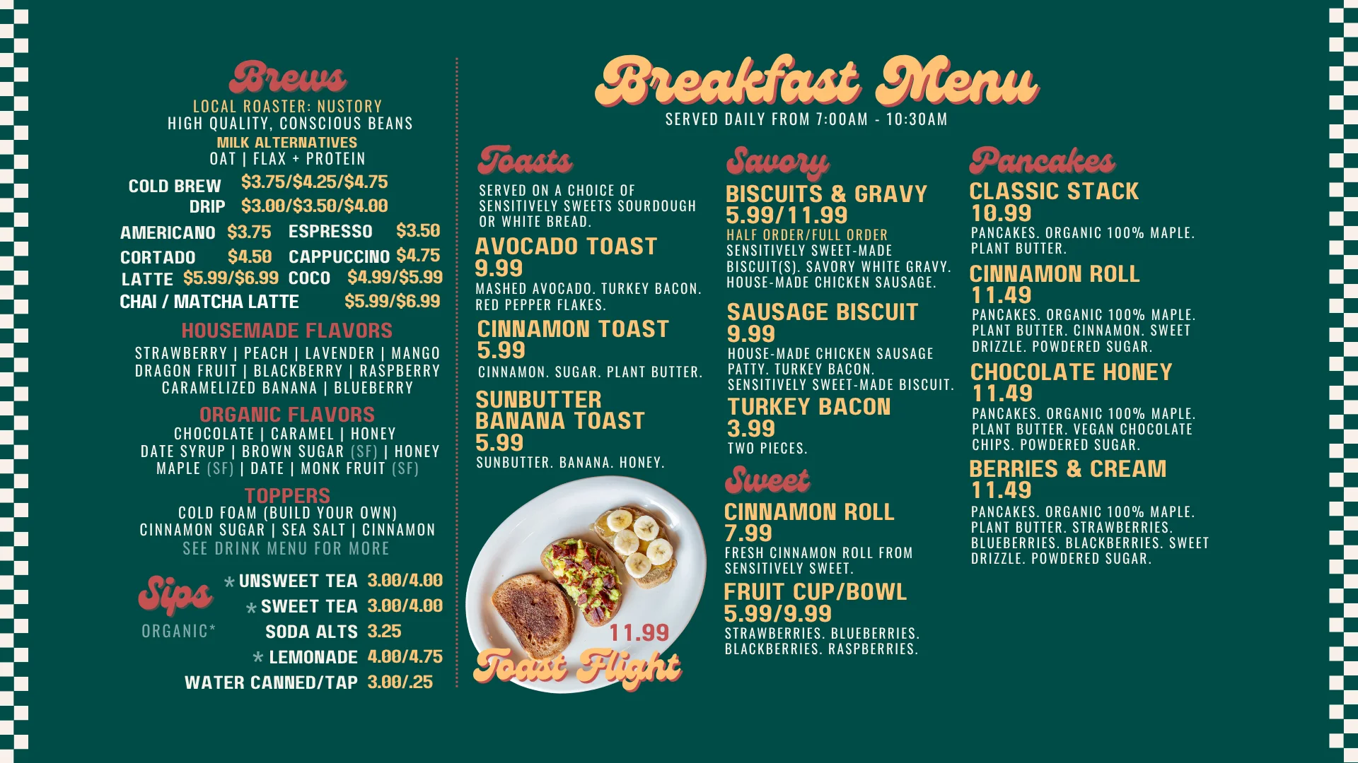 Breakfast menu featuring various toasts and pancakes