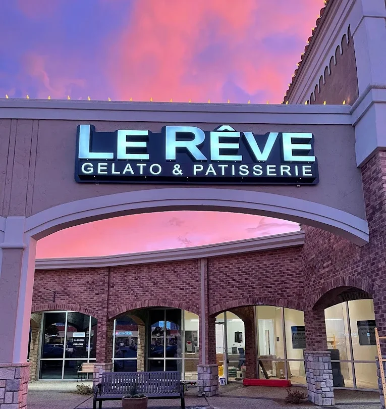 Exterior view of Le Rêve Gelato & Patisserie at sunset