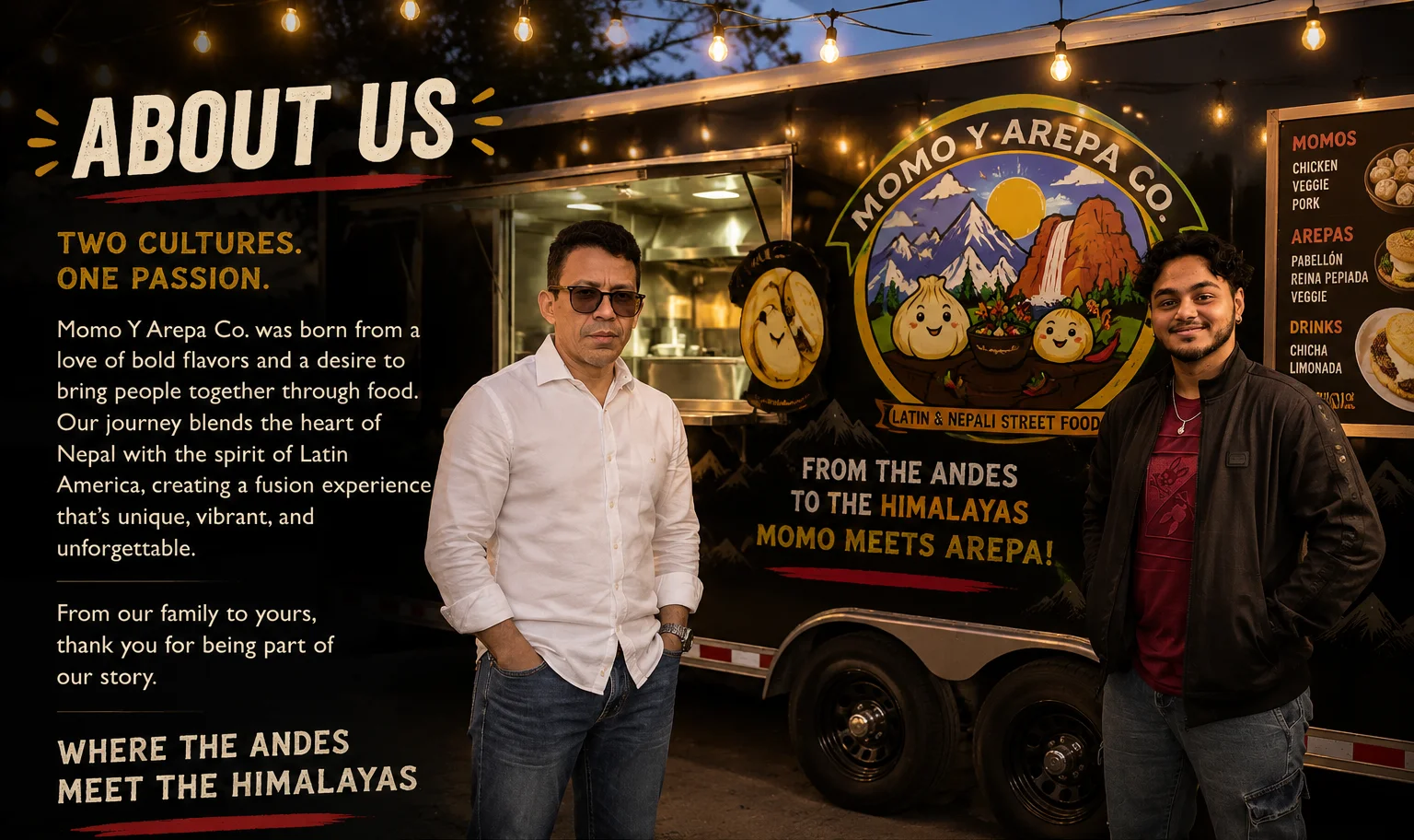 Momo Y Arepa Co. food truck with owners showcasing their fusion cuisine.