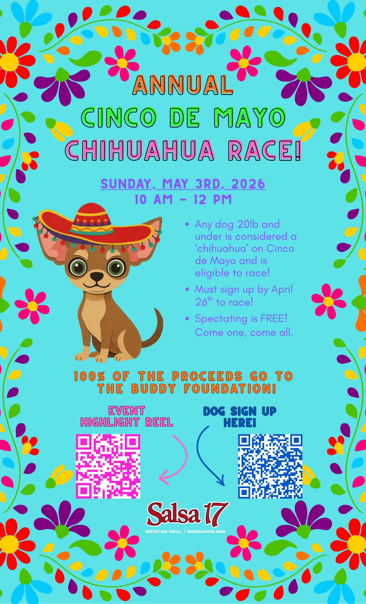 Colorful poster for Cinco de Mayo Chihuahua Race event