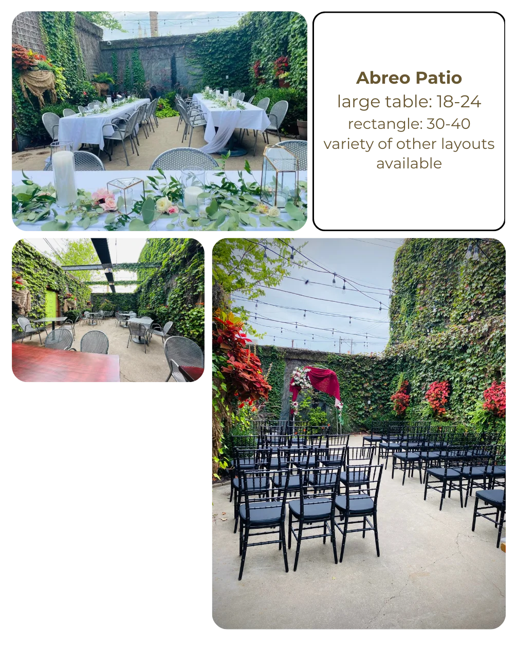 Charming outdoor patio with lush greenery and seating arrangements