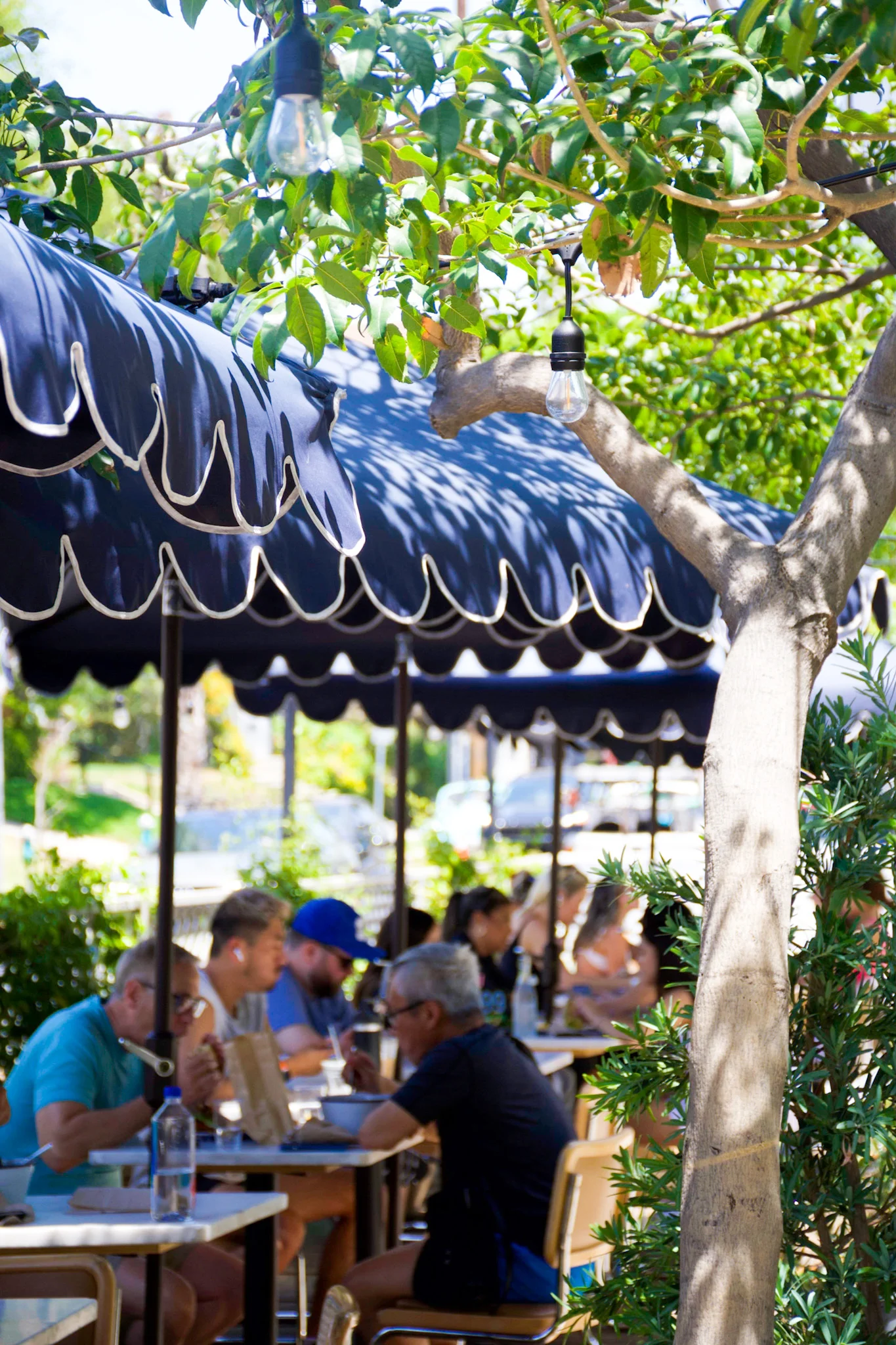 Outdoor dining area with blue canopies and patrons enjoying meals