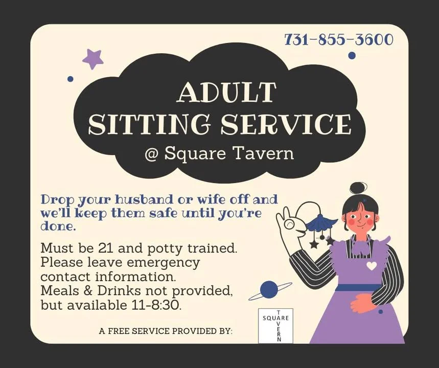 Promotional flyer for adult sitting service at Square Tavern