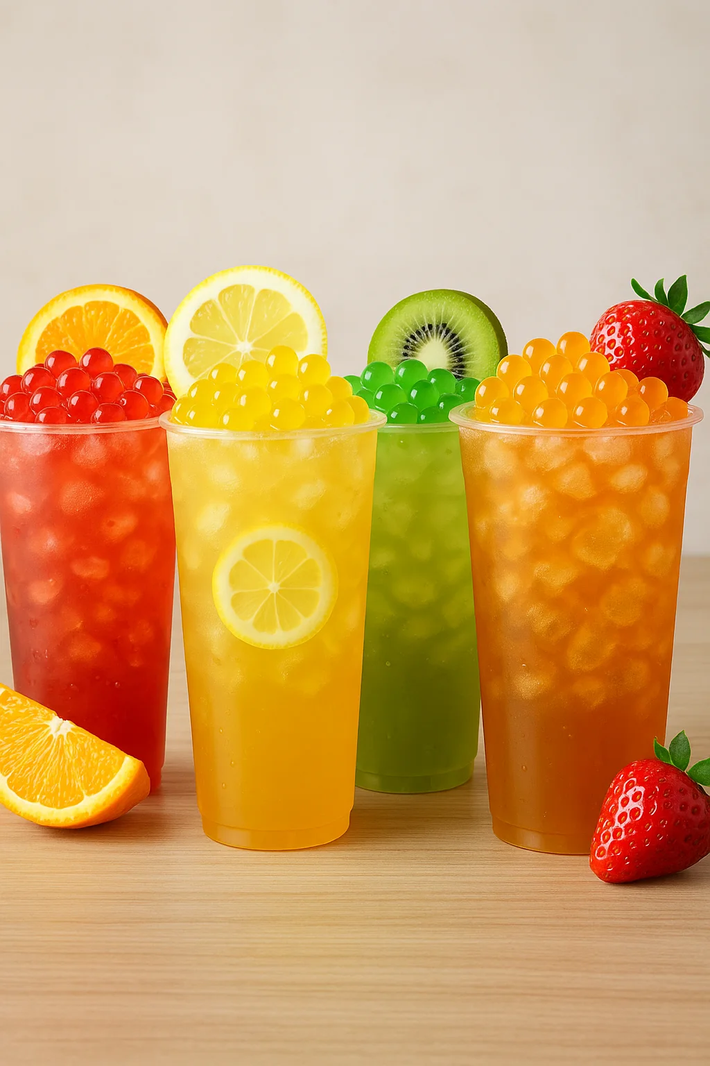 Colorful bubble tea drinks with fruit garnishes