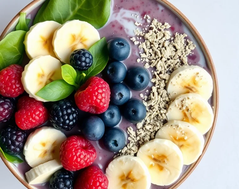 Colorful smoothie bowl topped with fresh fruits and granola