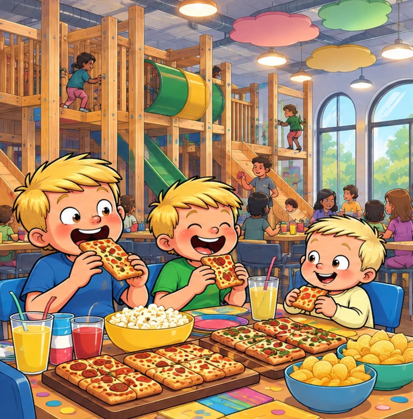 Children enjoying pizza in a vibrant play area with colorful decor