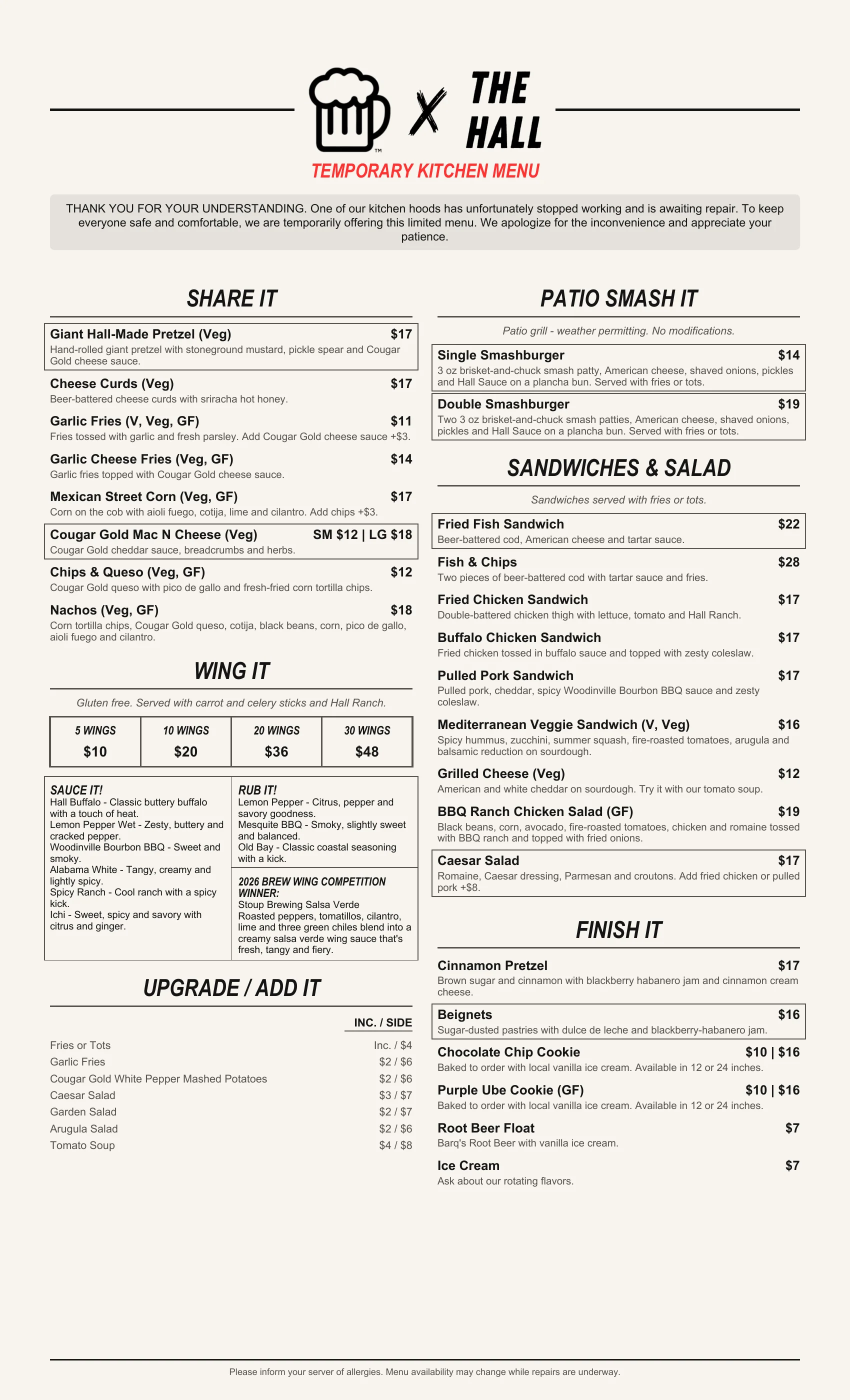 Temporary restaurant menu featuring diverse dishes and pricing