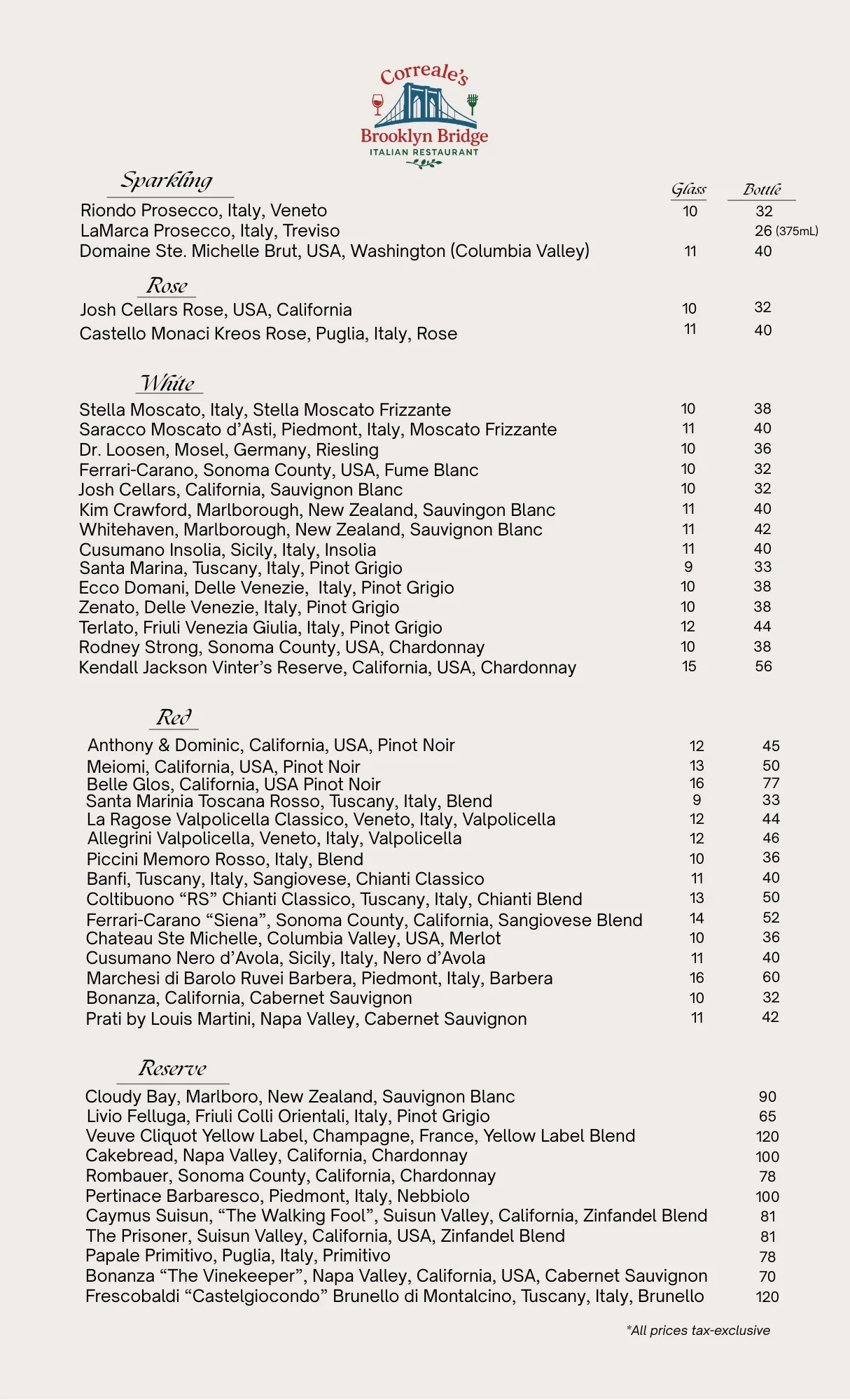 Wine list featuring Italian and Californian selections