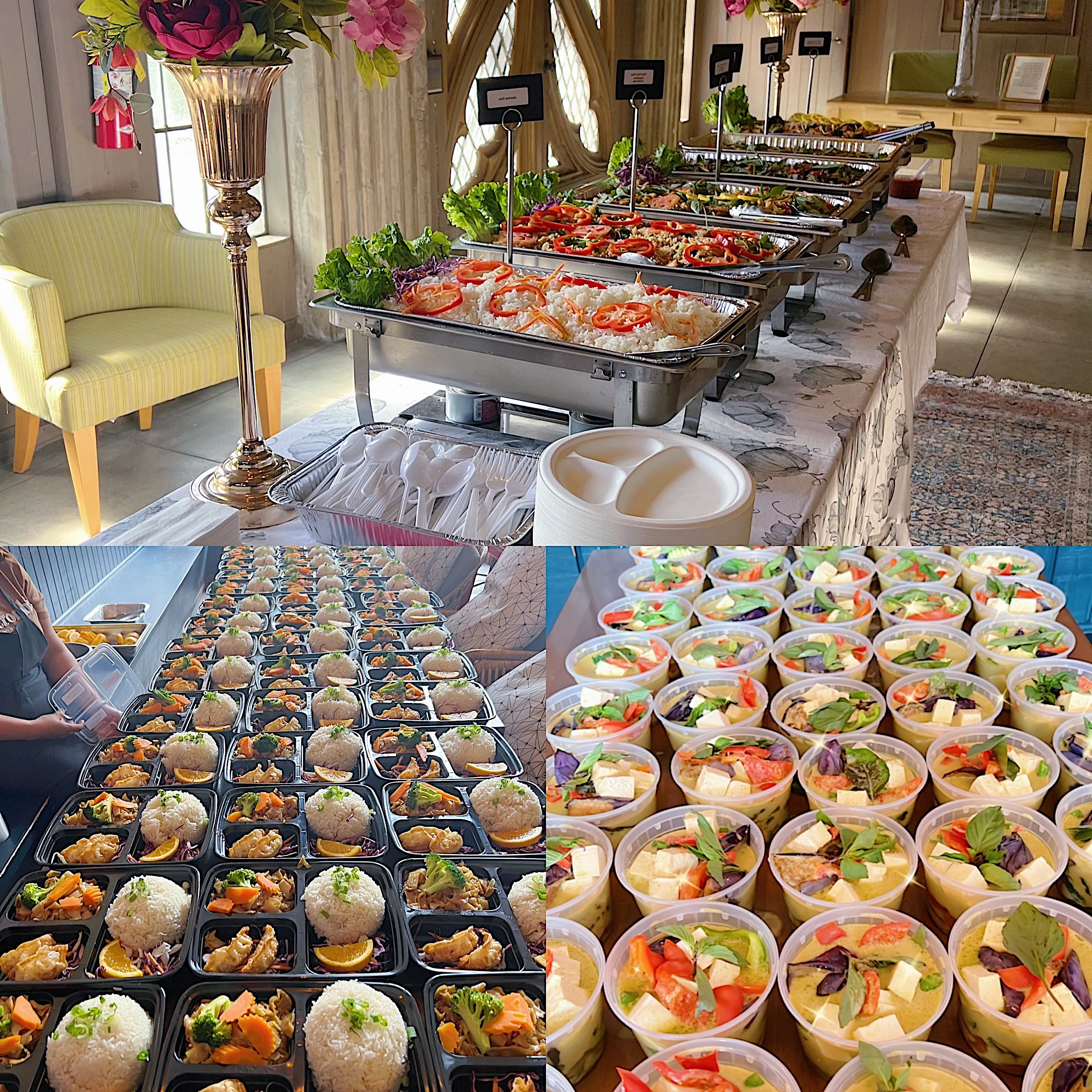 Buffet spread featuring Asian-inspired rice and vegetable dishes