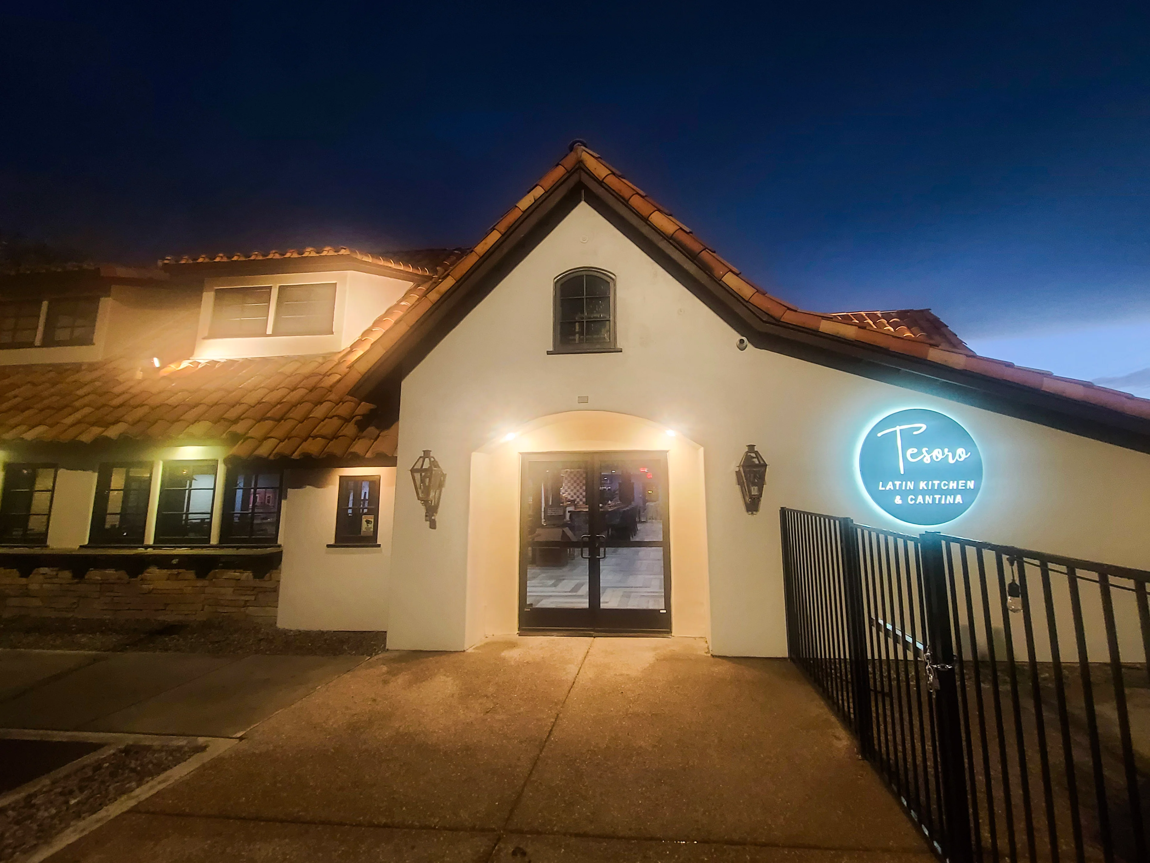 Exterior view of Tesoro Latin Kitchen & Cantina at dusk
