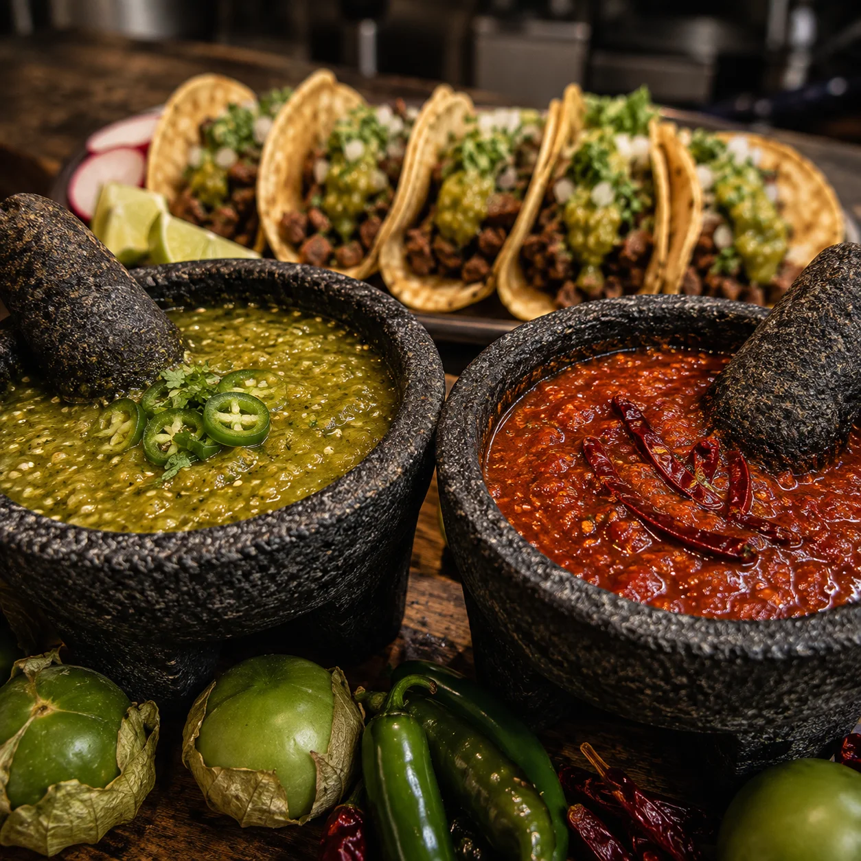 Authentic Mexican tacos with salsas in traditional stone mortars