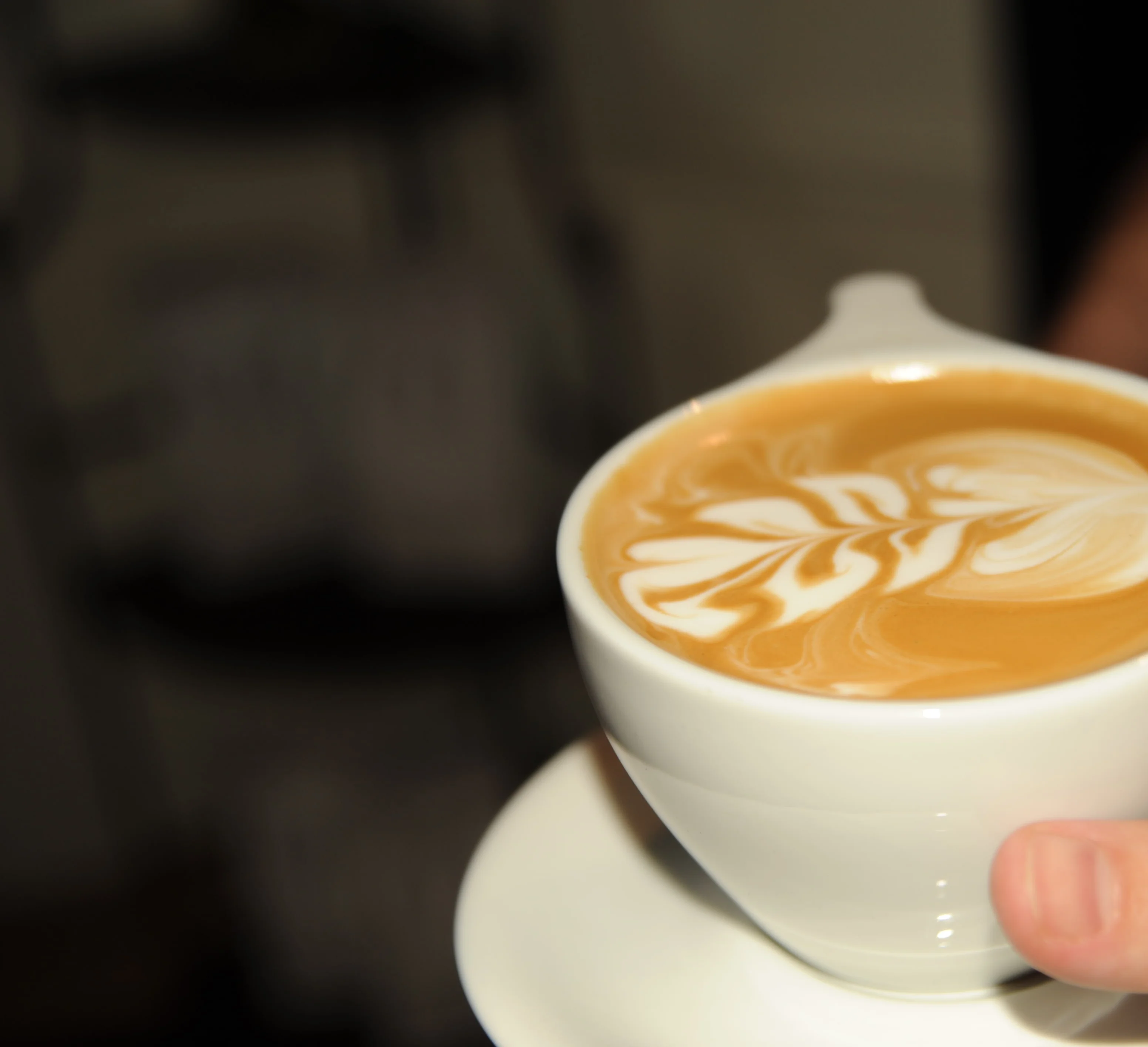 A hand holding a white cup with intricate latte art on top. The cup is placed on a matching saucer, showcasing the smooth texture of the coffee.