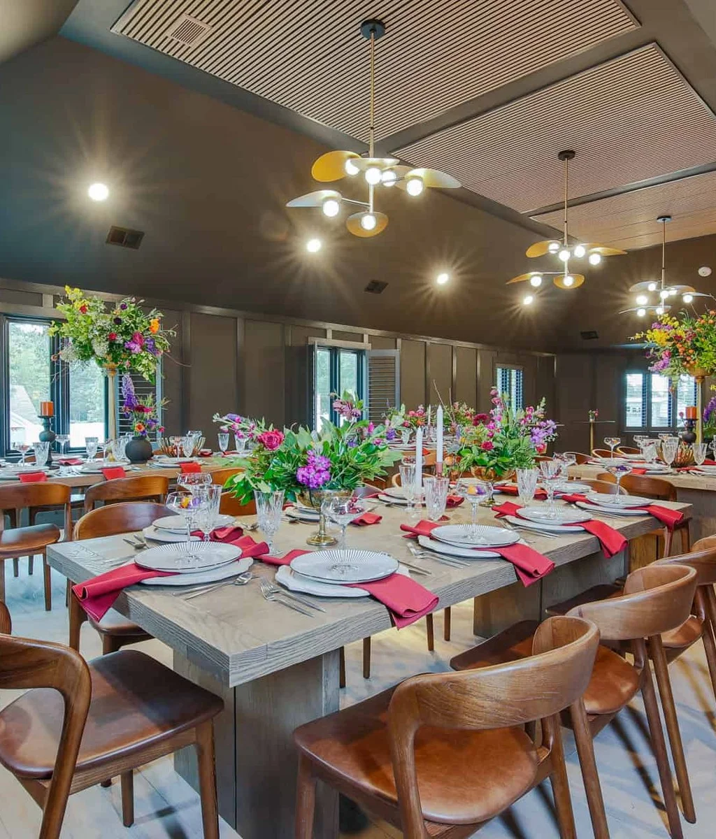 Long tables set for a private event in the Embers Room at Firetender in Manteo NC