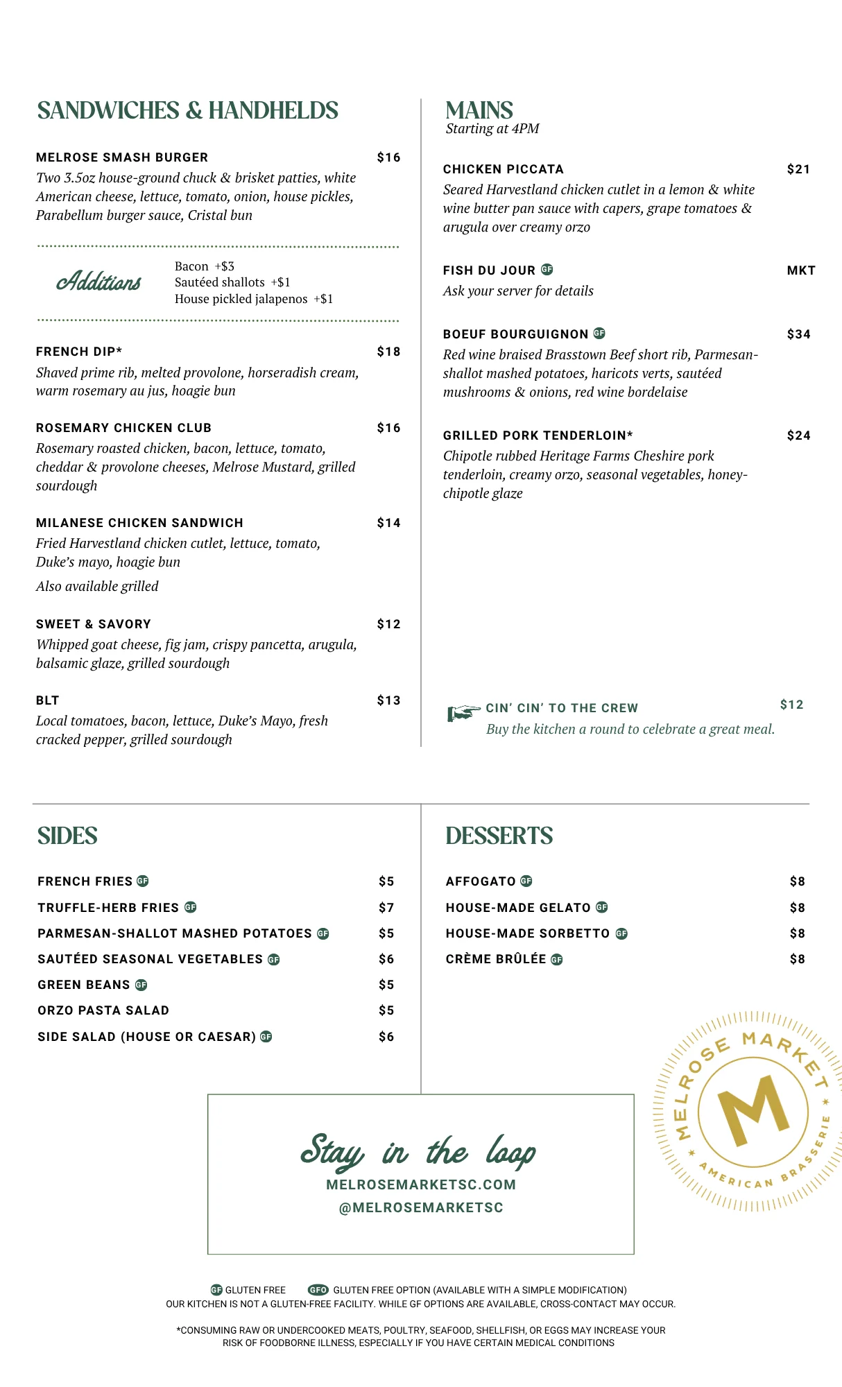 American brasserie menu featuring sandwiches and mains