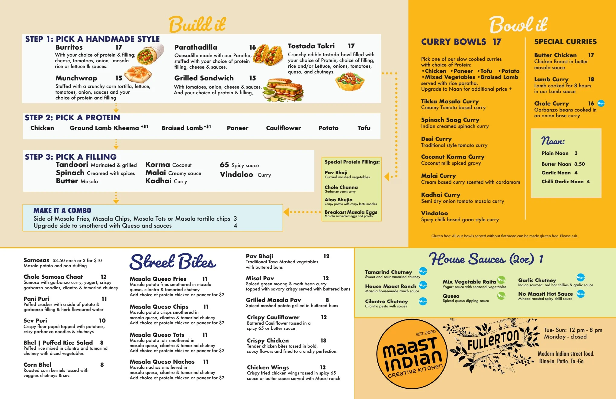 Menu featuring Indian curry bowls and street bites