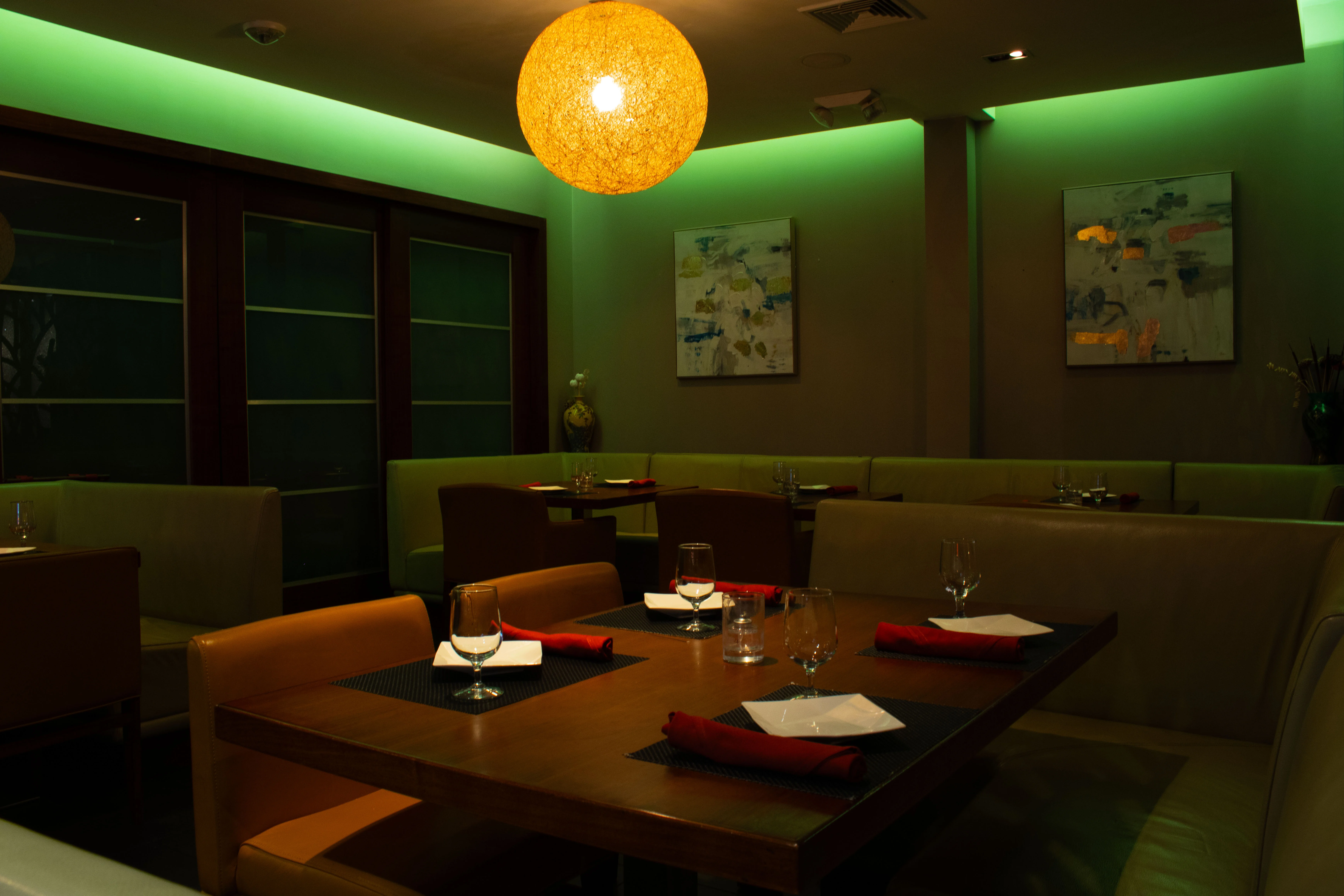 Elegant restaurant interior with ambient lighting and modern decor