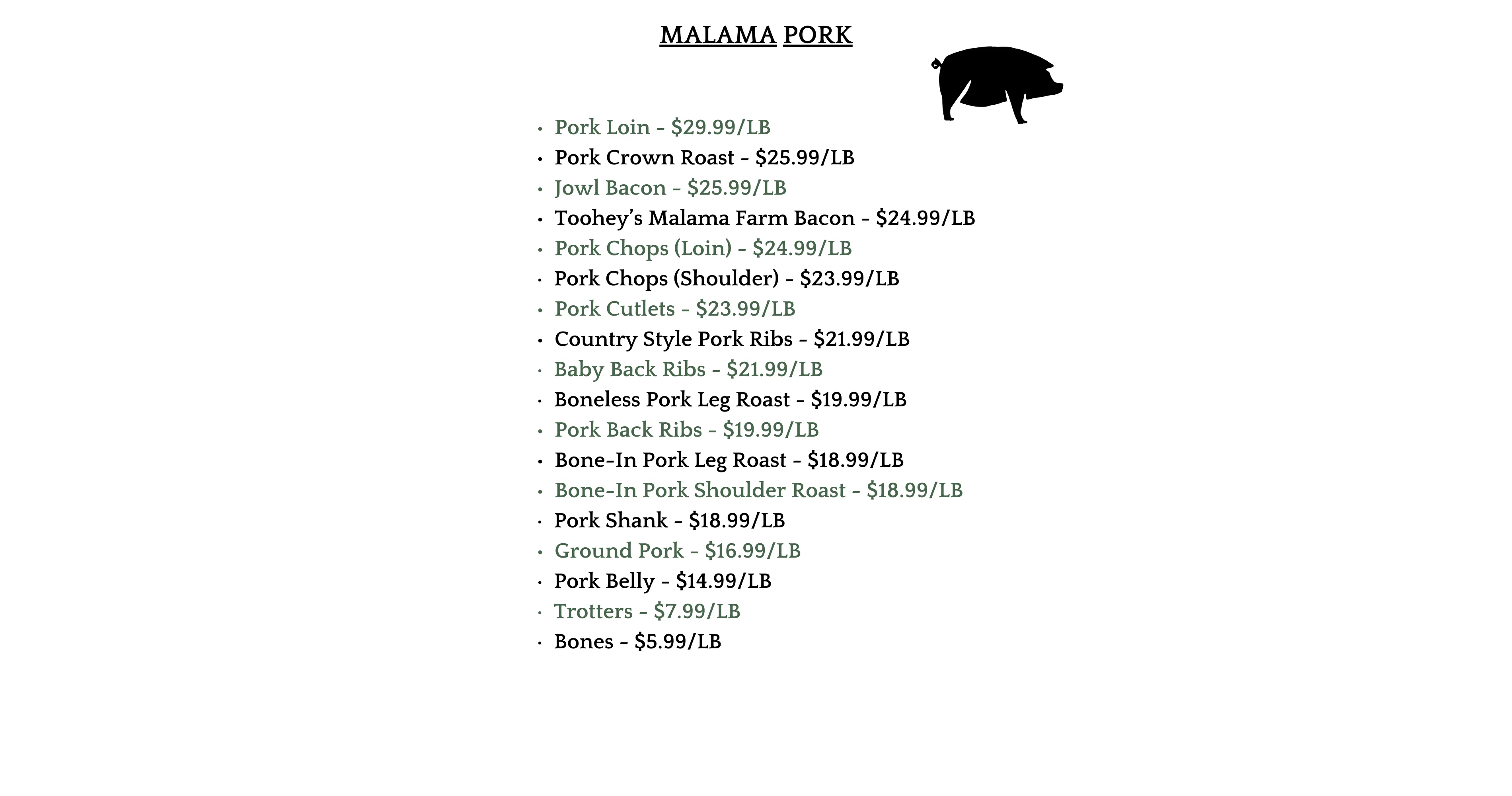 Pork product price list from Malama Pork