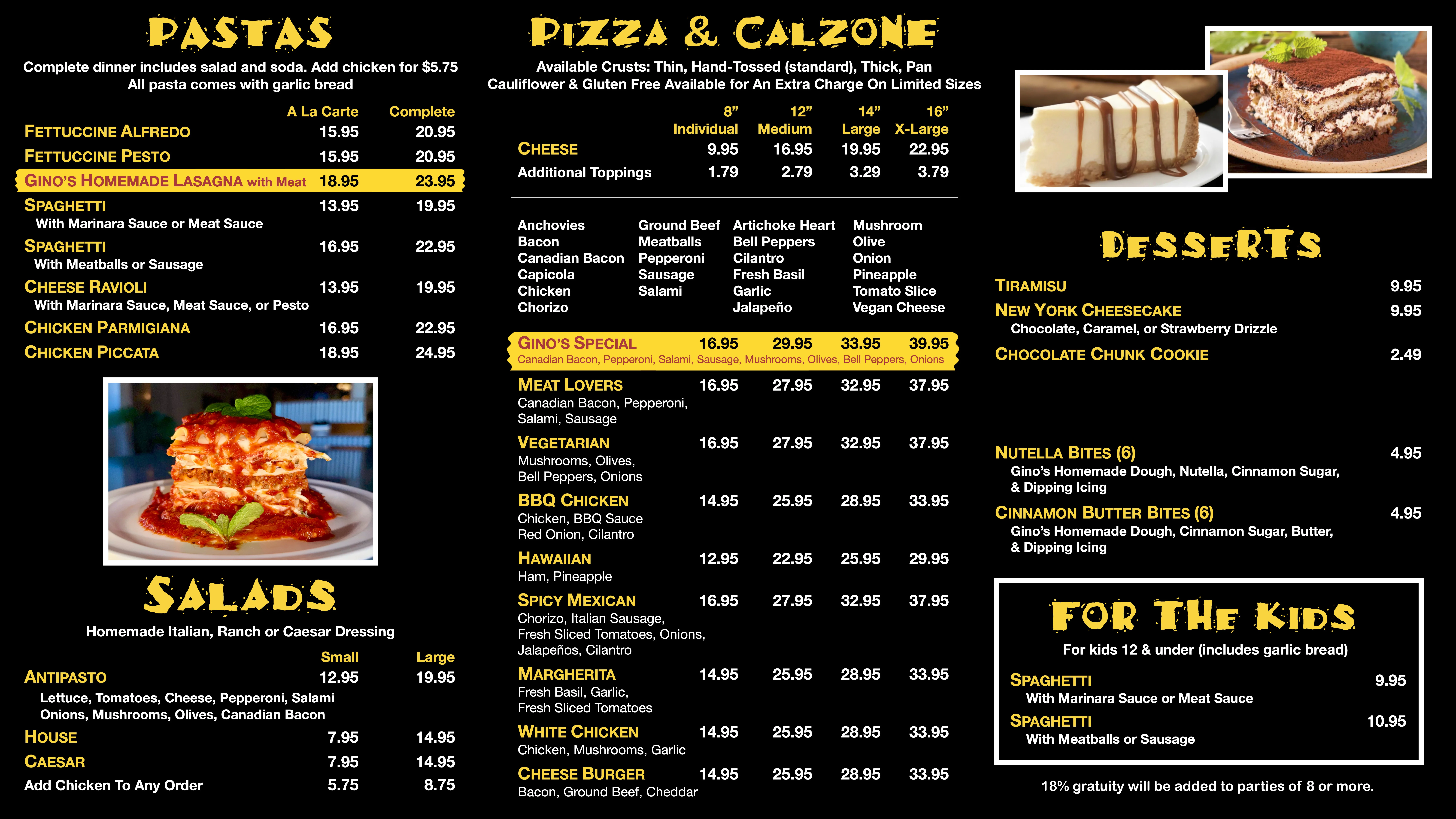 Menu board displaying restaurant offerings and gratuity information.