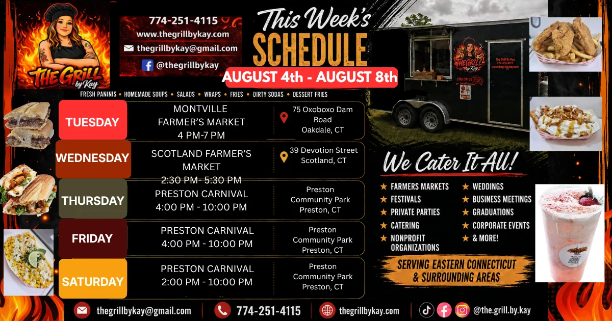 Food truck schedule for The Grill by Kay featuring local events