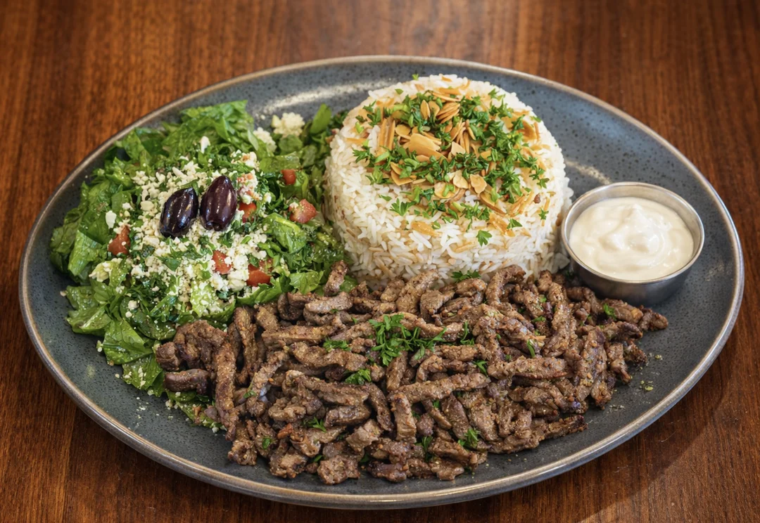Beef shawarma platter from the Sufrat Grill menu.