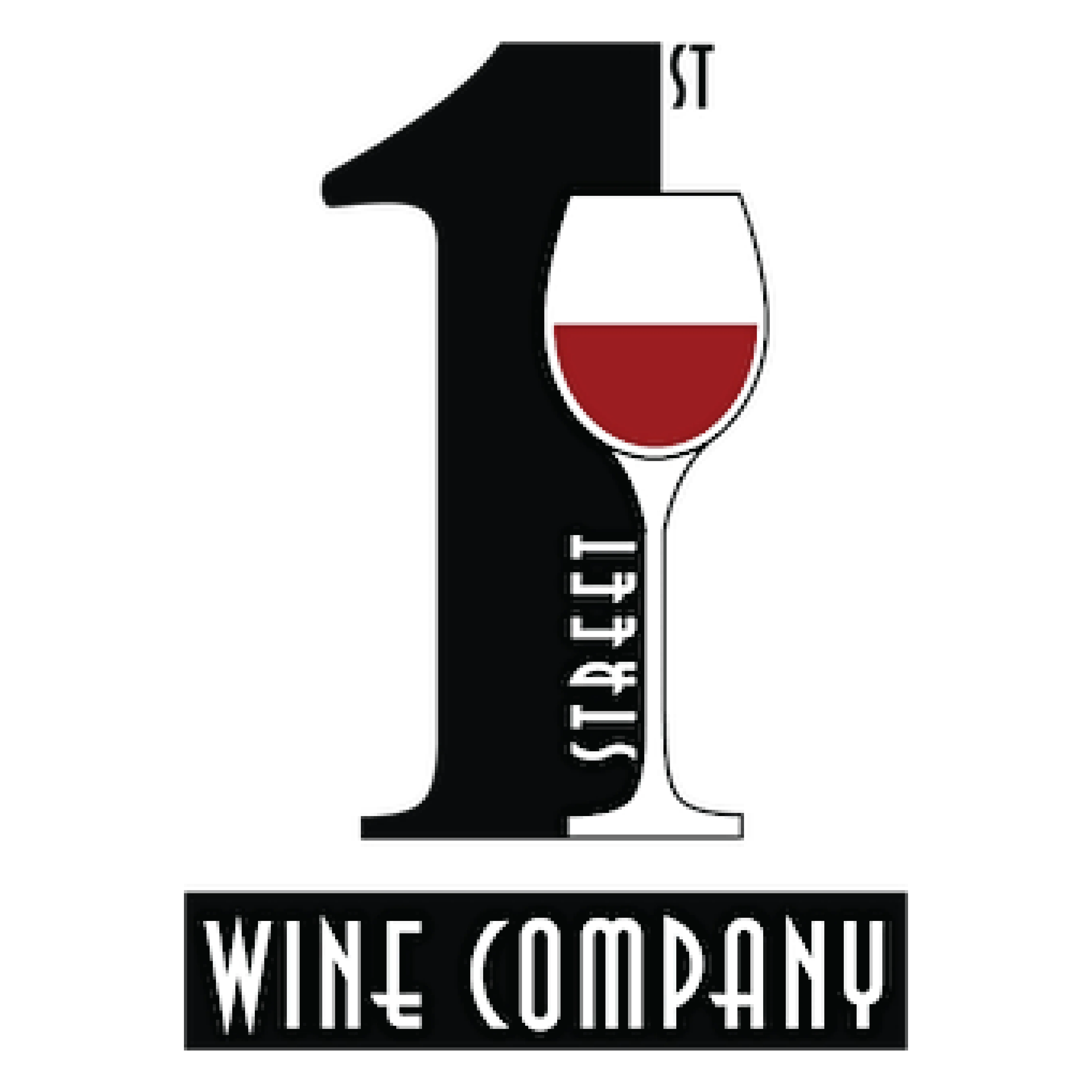 A stylized logo featuring a wine glass with red wine, accompanied by the text '1st Street Wine Company'.