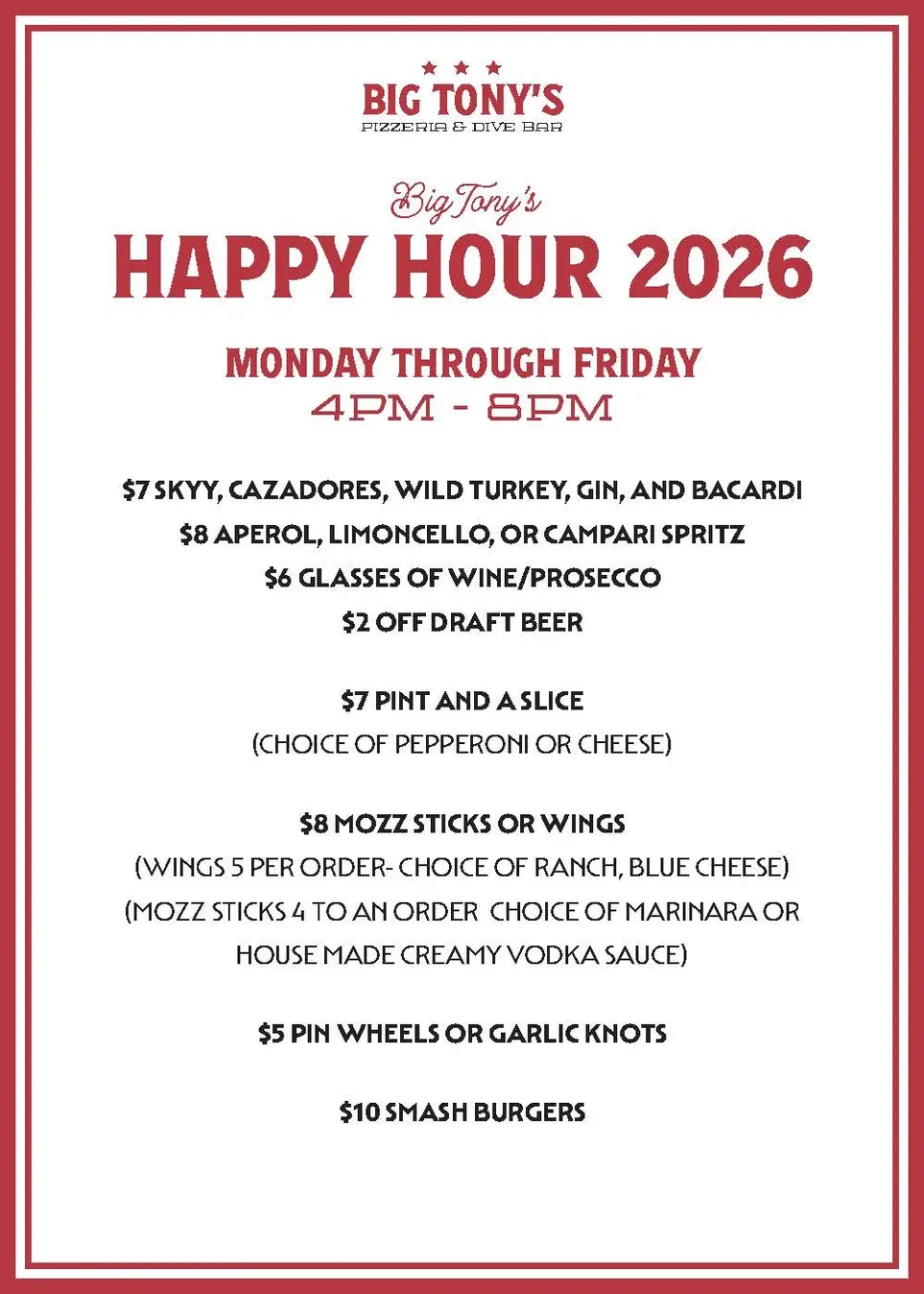Happy hour menu at Big Tony's Pizzeria featuring drinks and appetizers