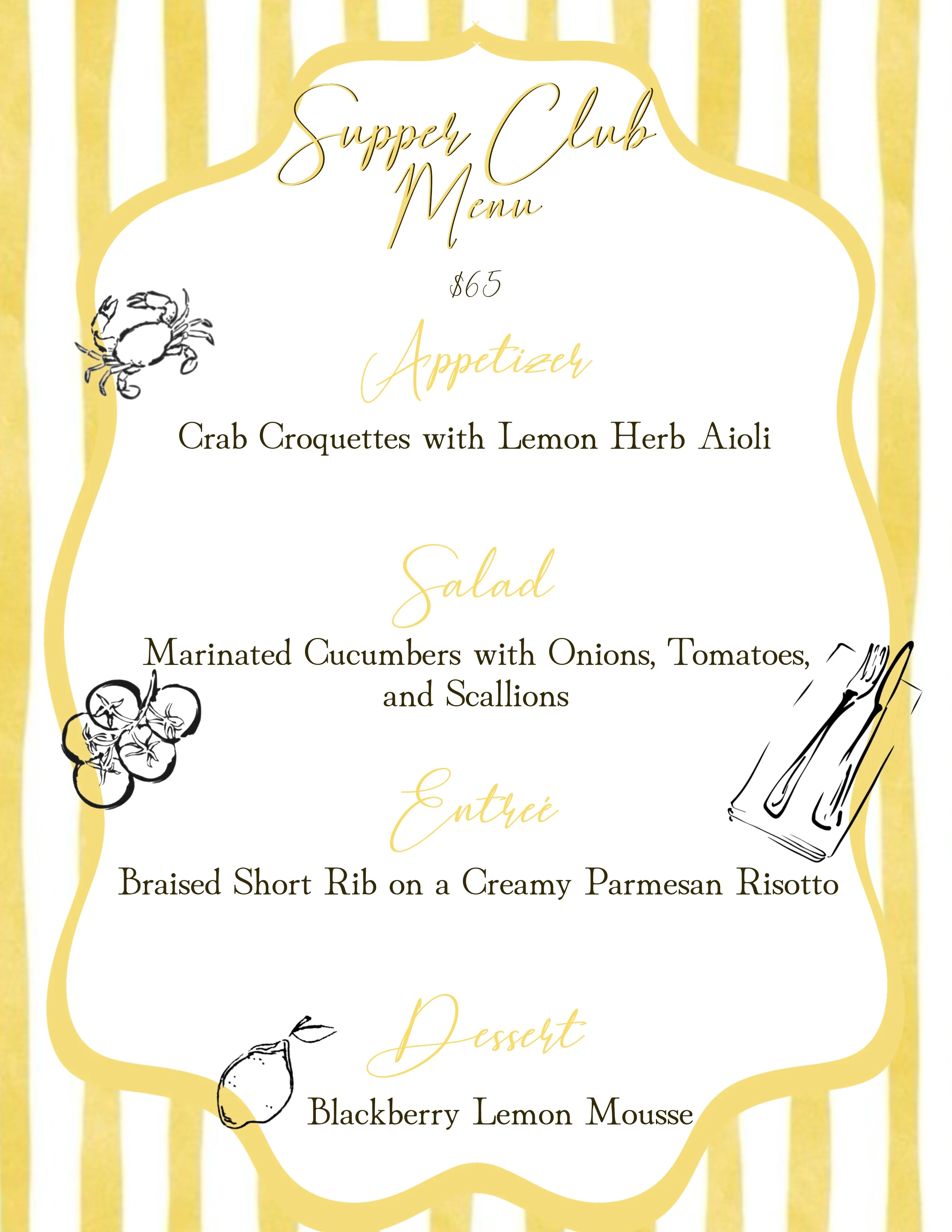 Supper Club menu featuring crab croquettes, salad, short rib, and dessert.